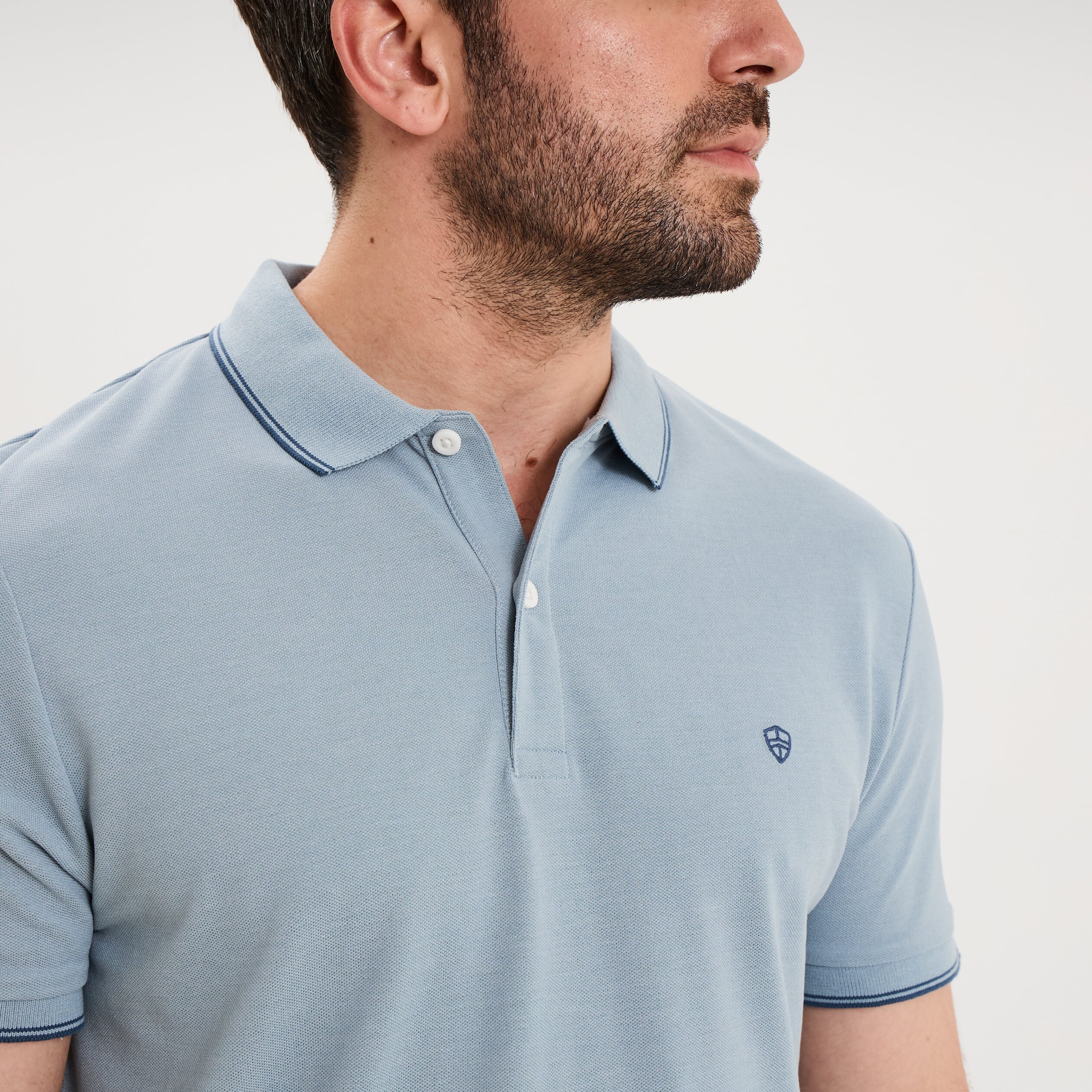 Polo piqu&eacute; coton manches courtes bleu gris homme