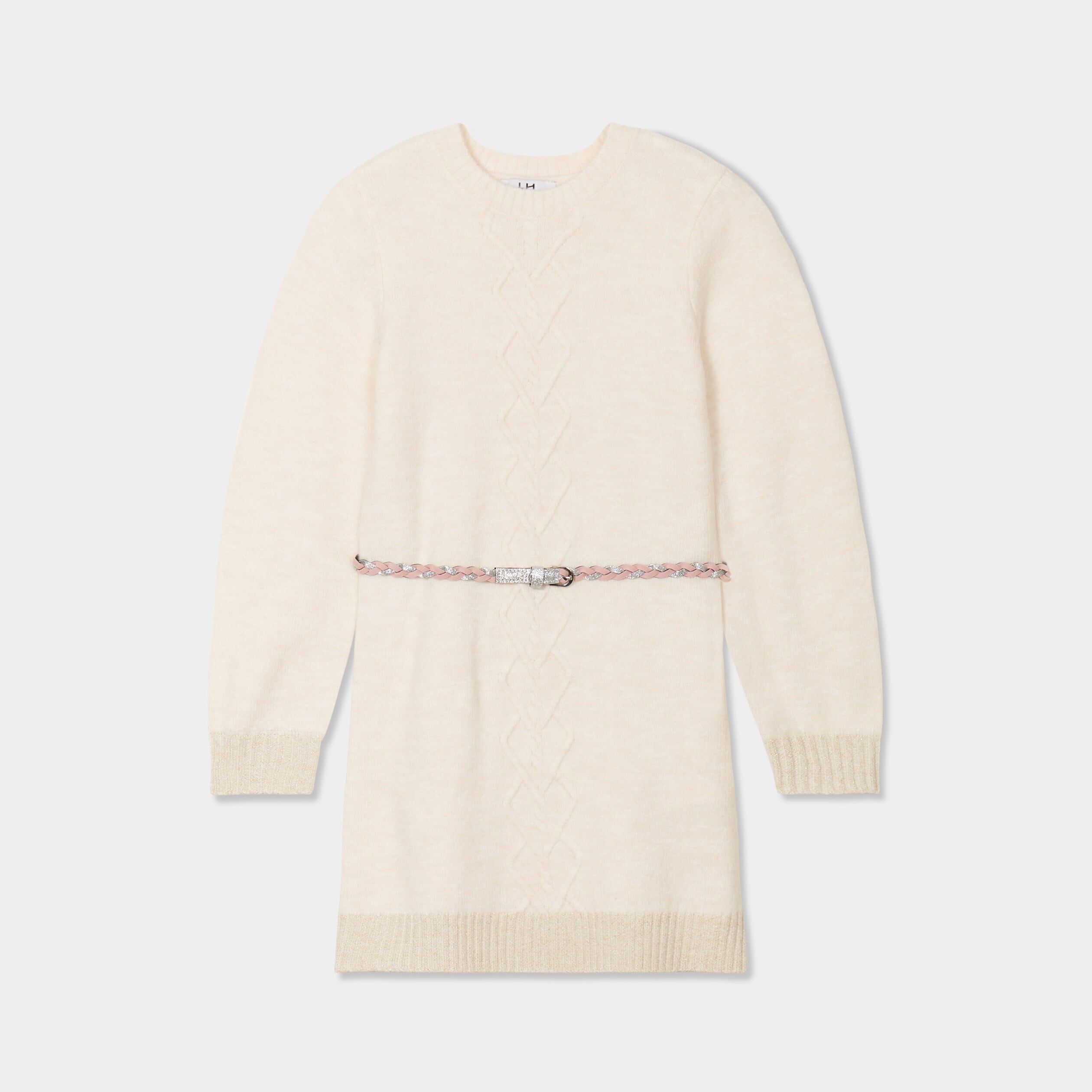 Robe pull courte avec ceinture tress&eacute;e ivoire fille