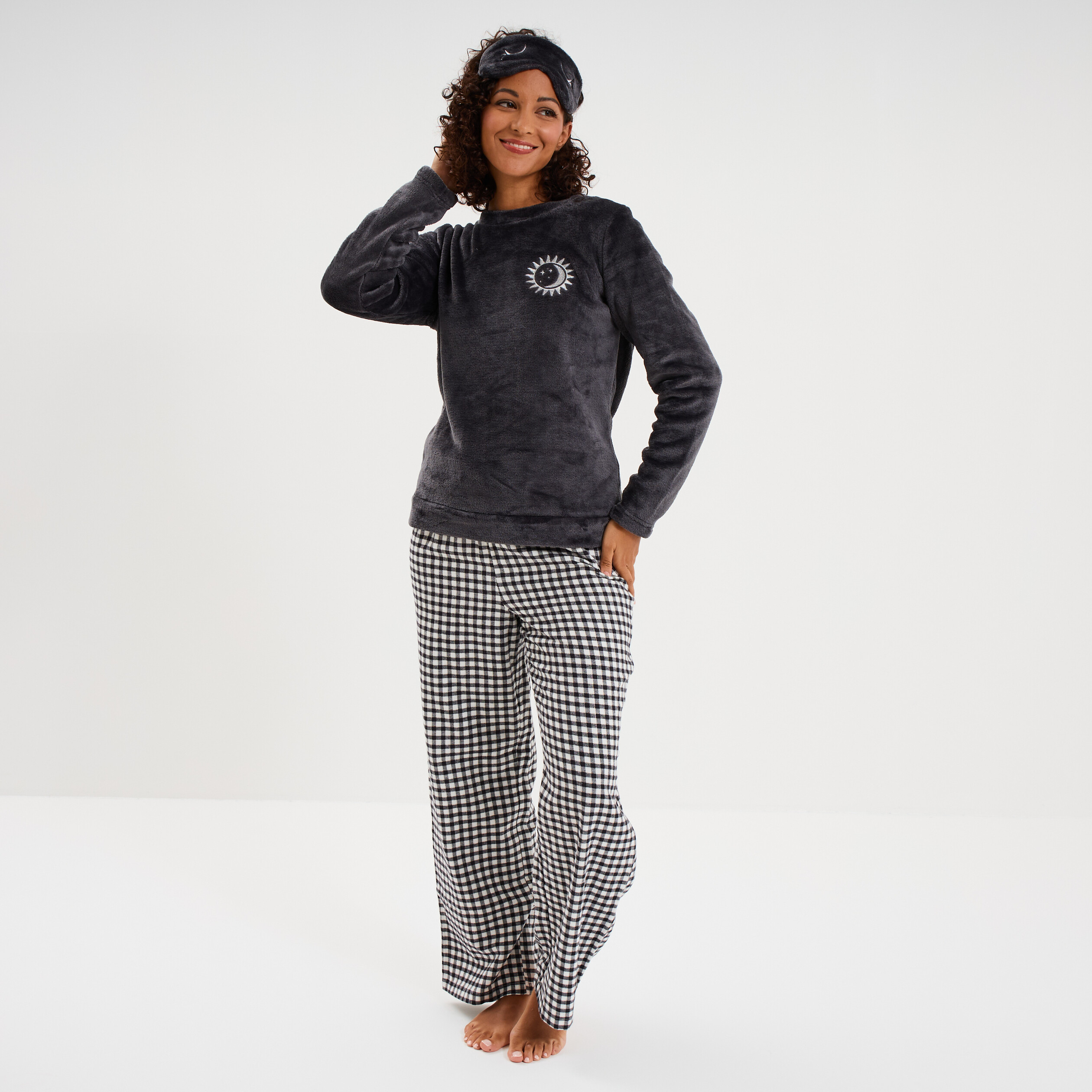 Ensemble pyjama effet polaire 3 pi&egrave;ces bleu marine femme