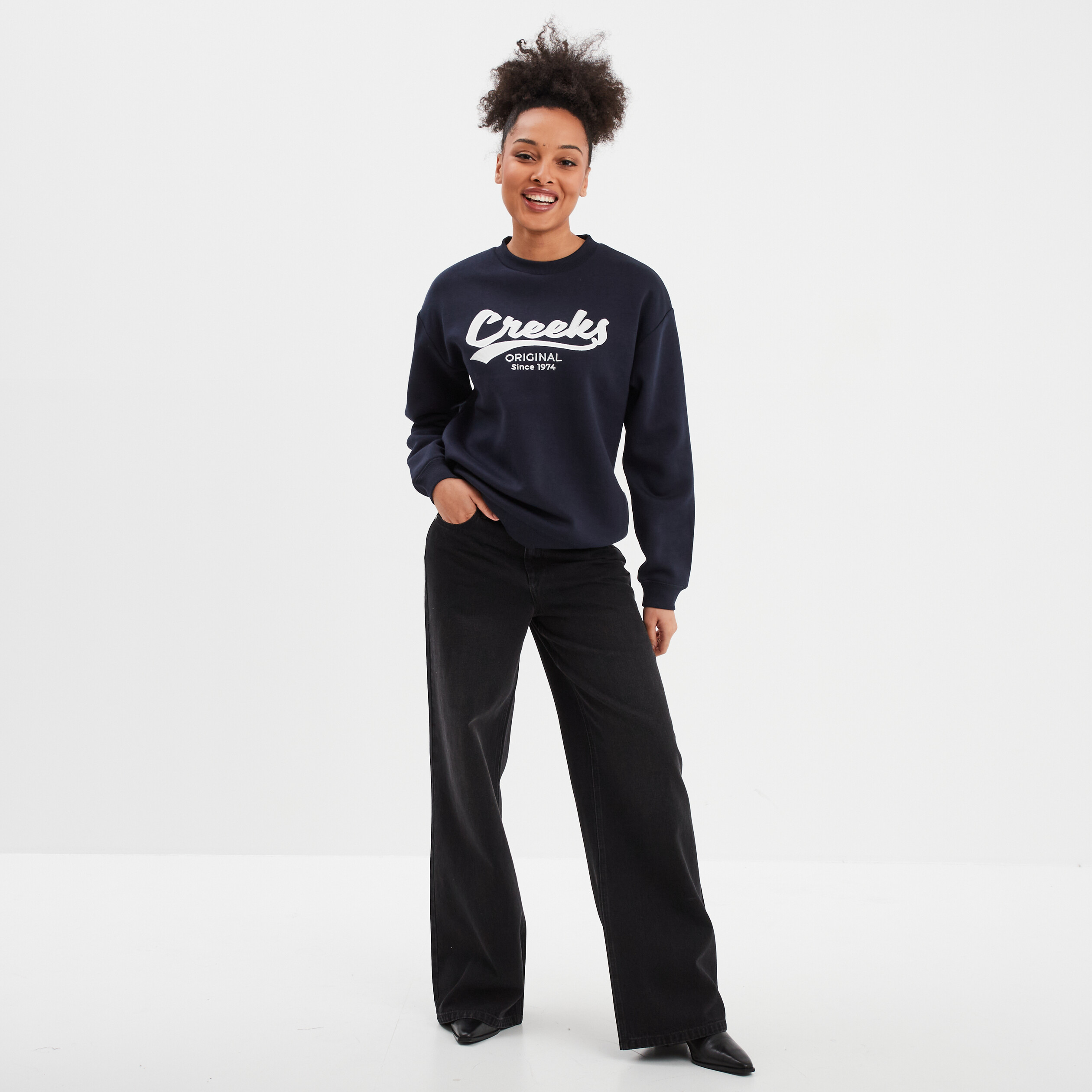 Sweat molleton col rond manches longues bleu fonc&eacute; femme