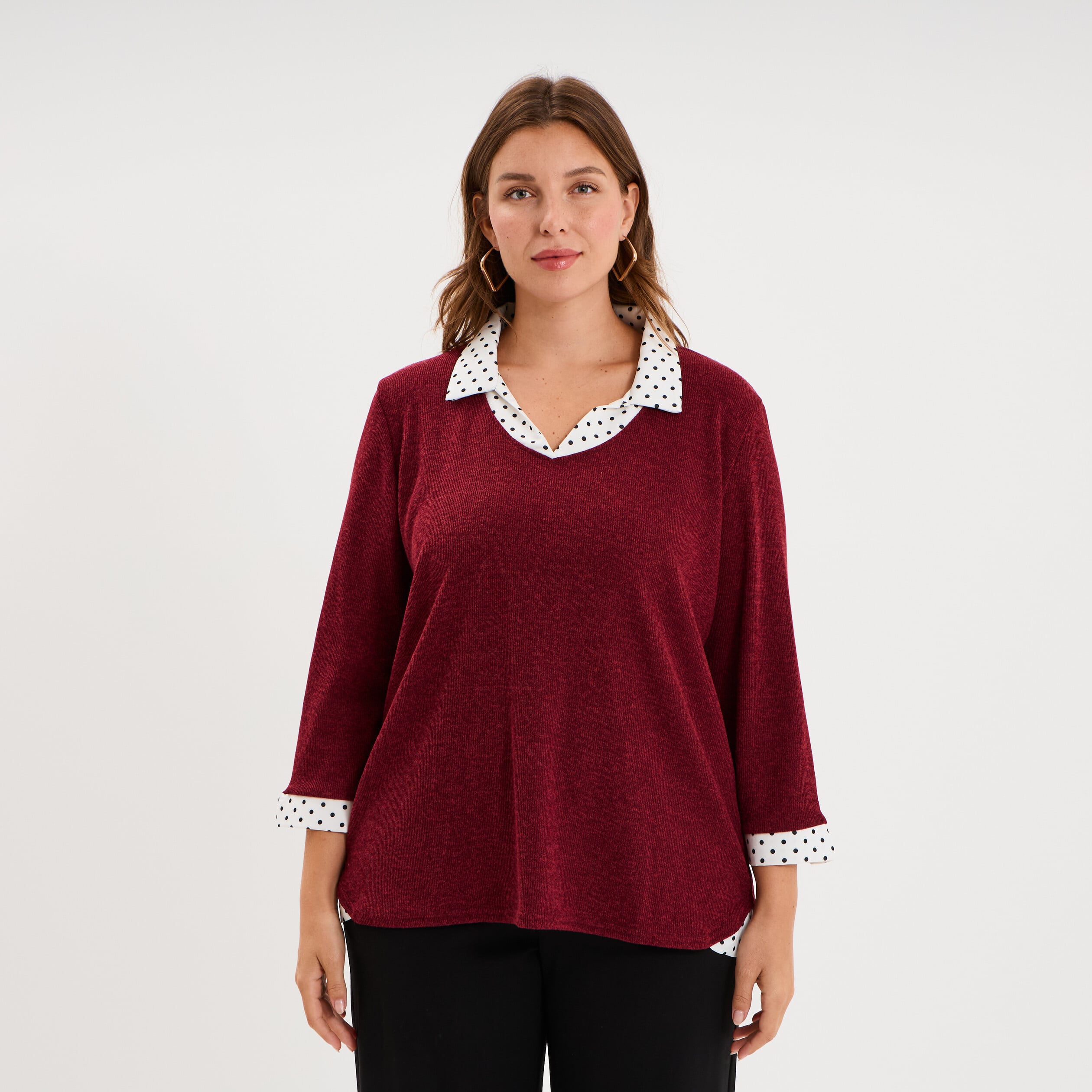 Pull effet 2-en-1 avec manches 3/4 rose framboise femme grande taille