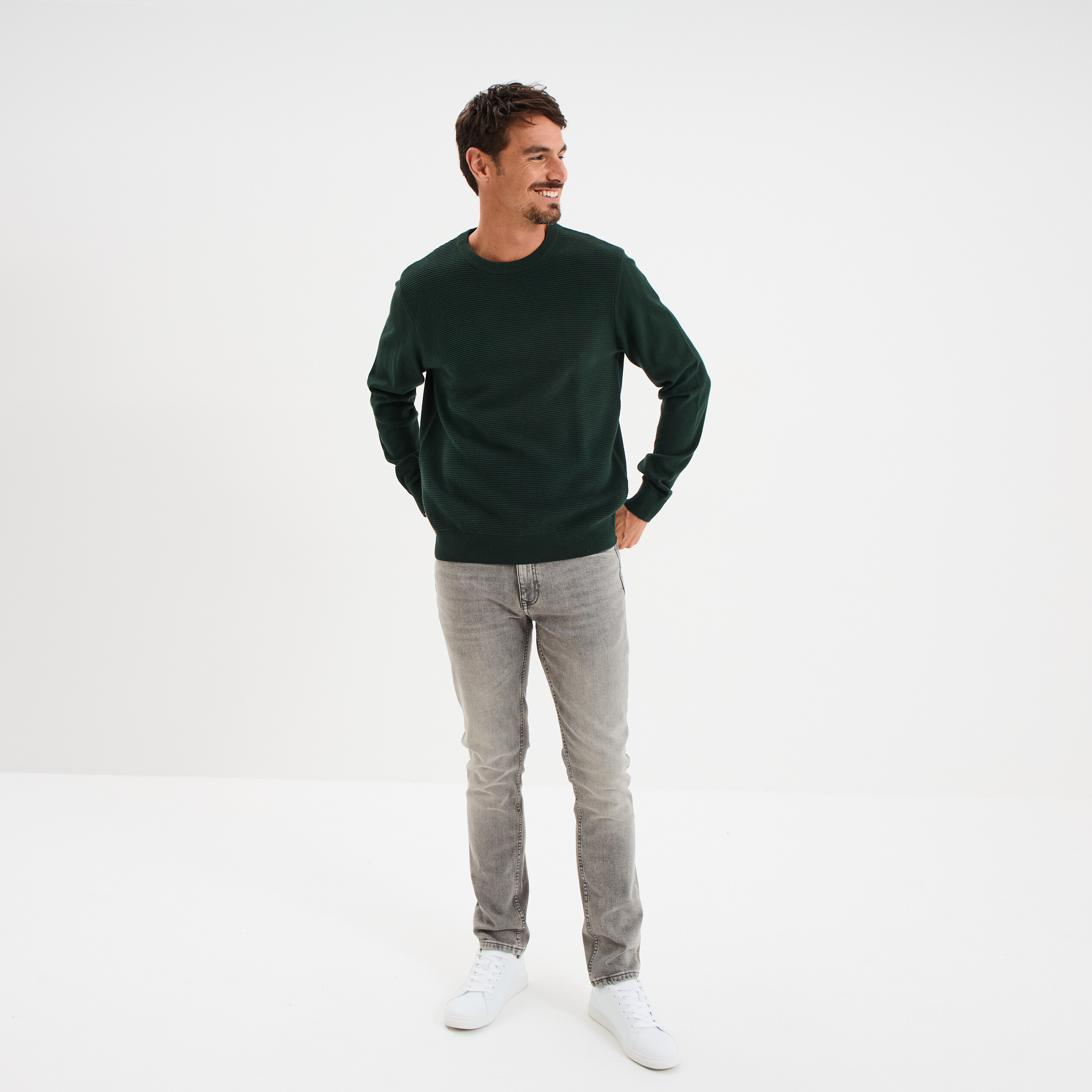pull col rond coton manches longues vert fonce homme Pull col rond coton manches longues vert foncé homme