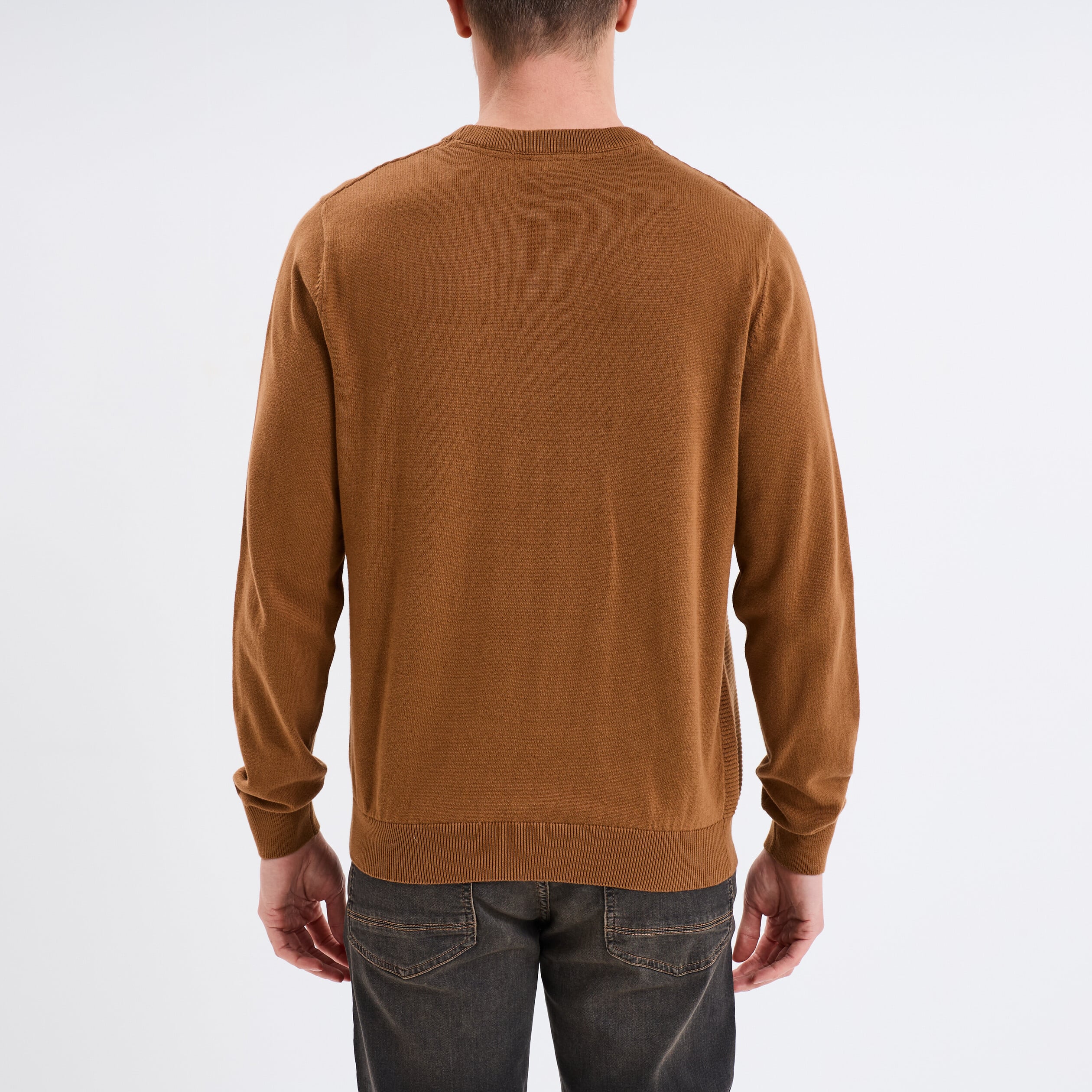 Pull col rond coton manches longues marron homme