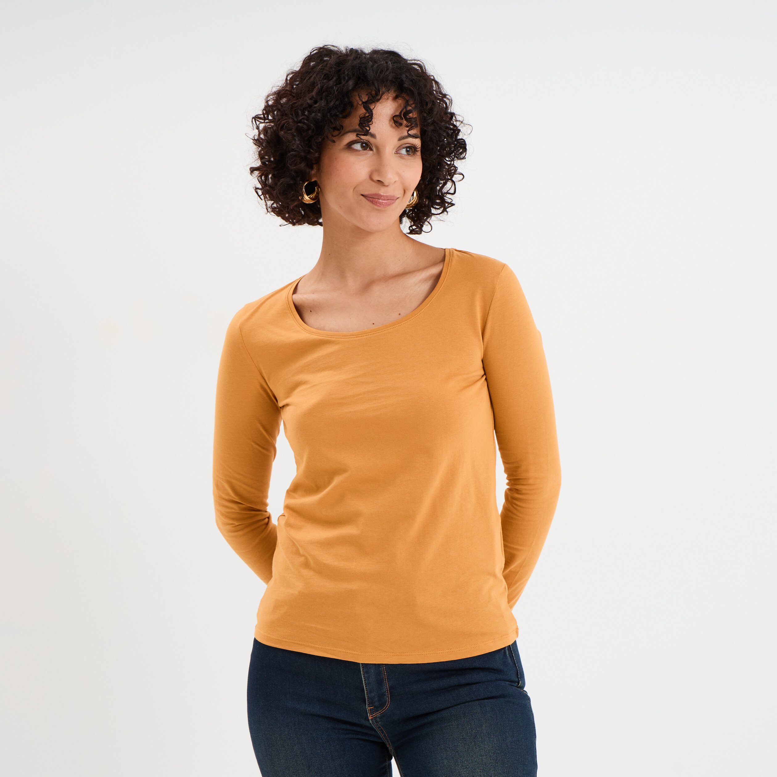 T shirt coton col rond manches longues jaune moutarde femme
