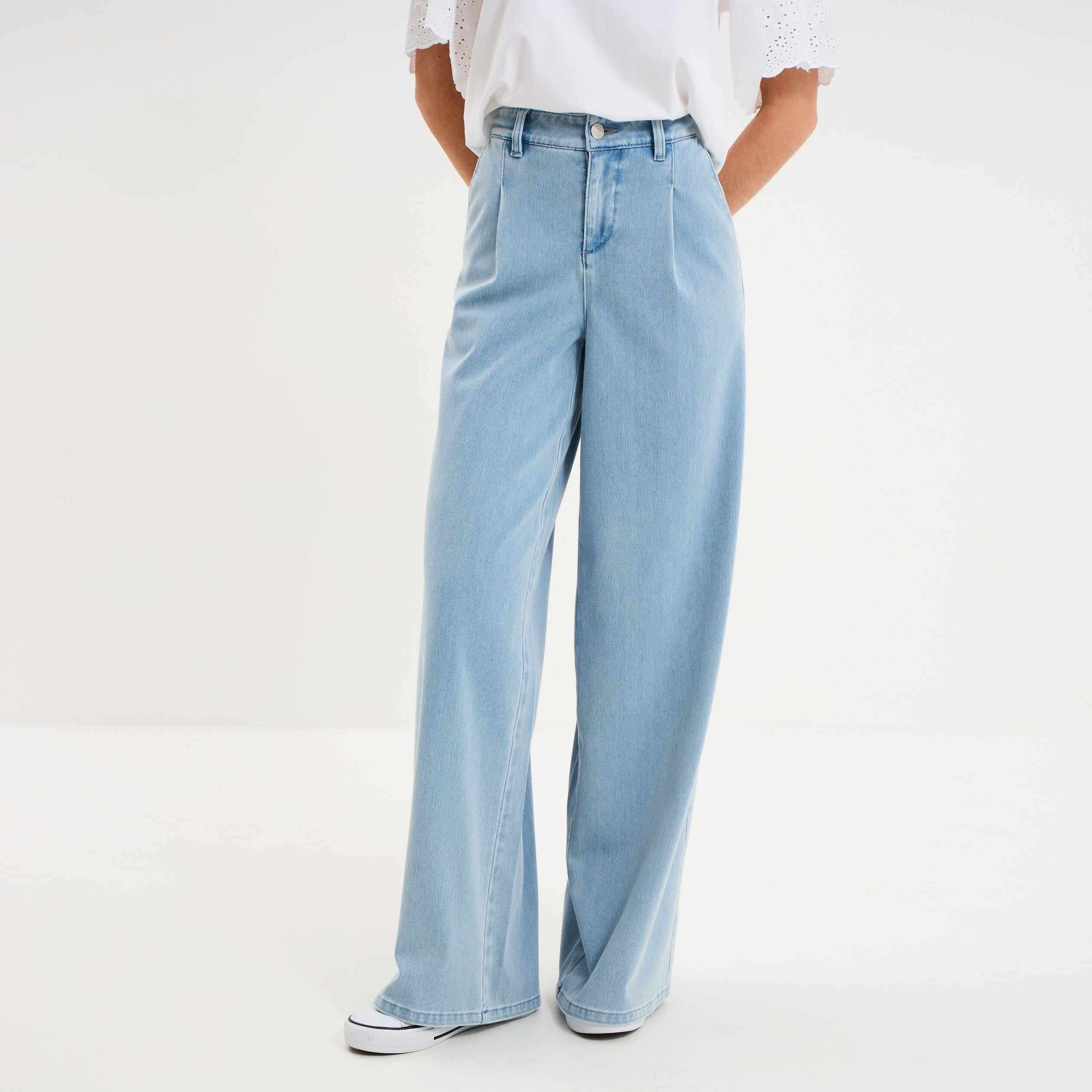Jeans wide leg &agrave; pinces denim triple stone femme
