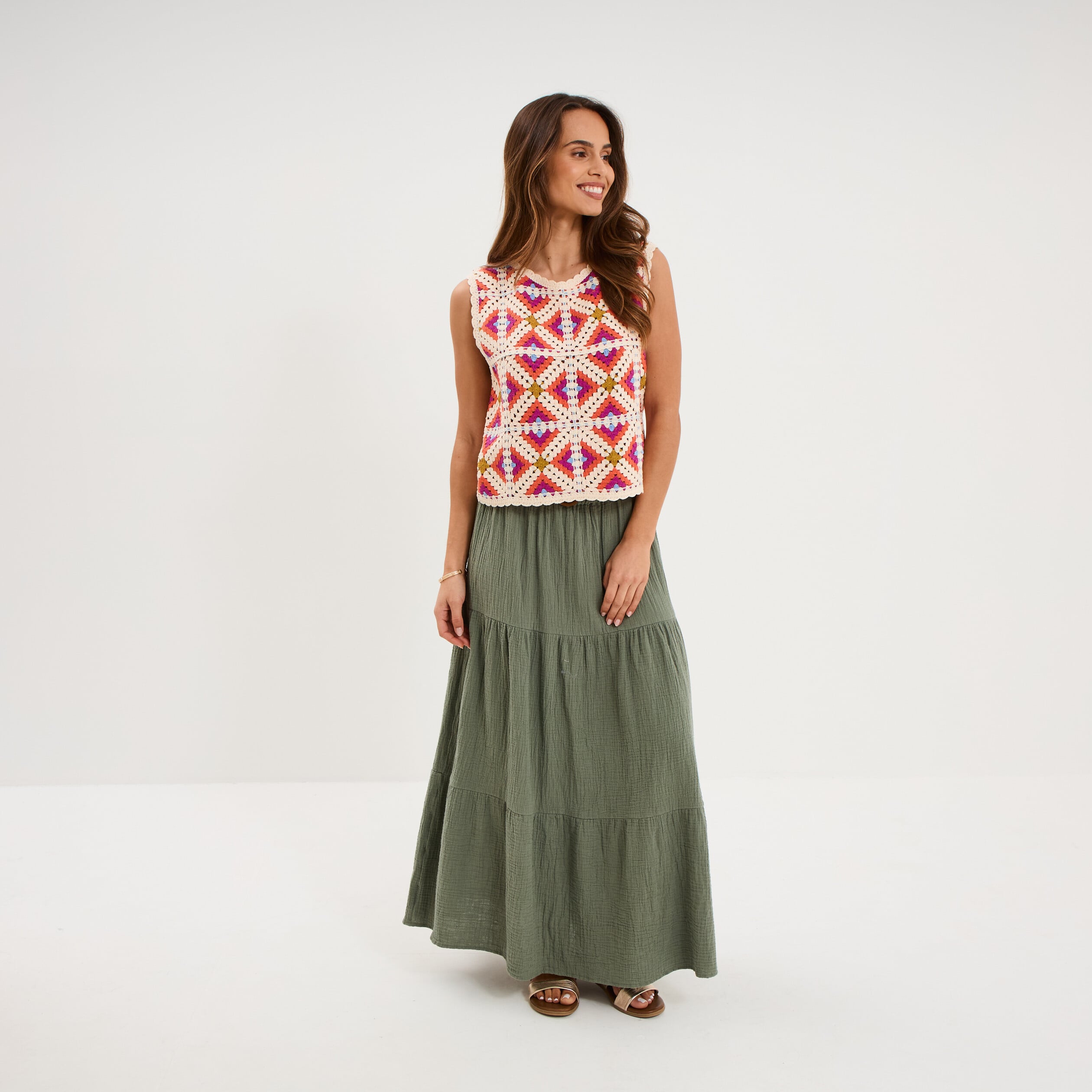 D&eacute;bardeur sans manches effet crochet multicolore femme