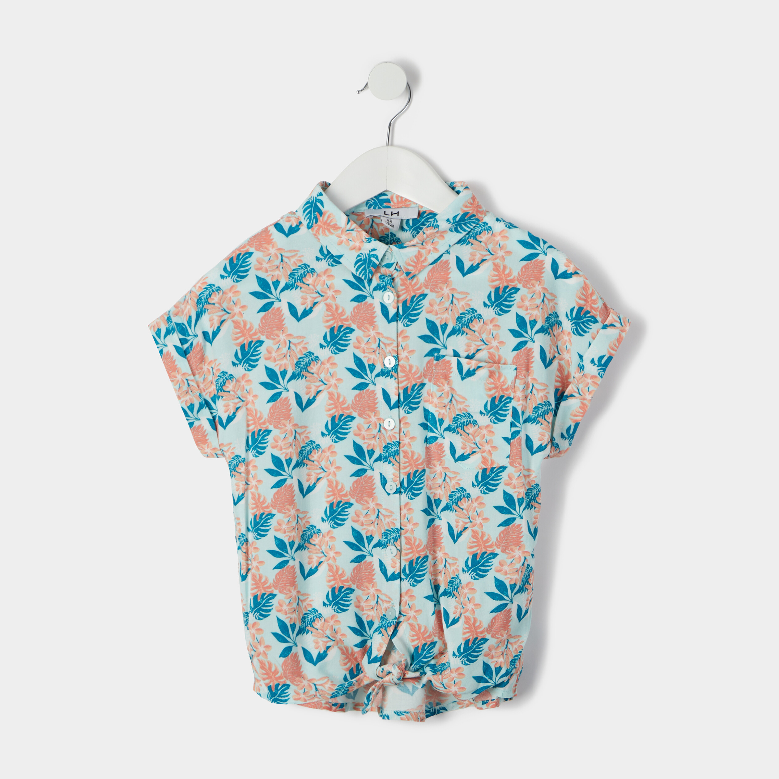 Chemise manches courtes nouée bleu turquoise fille