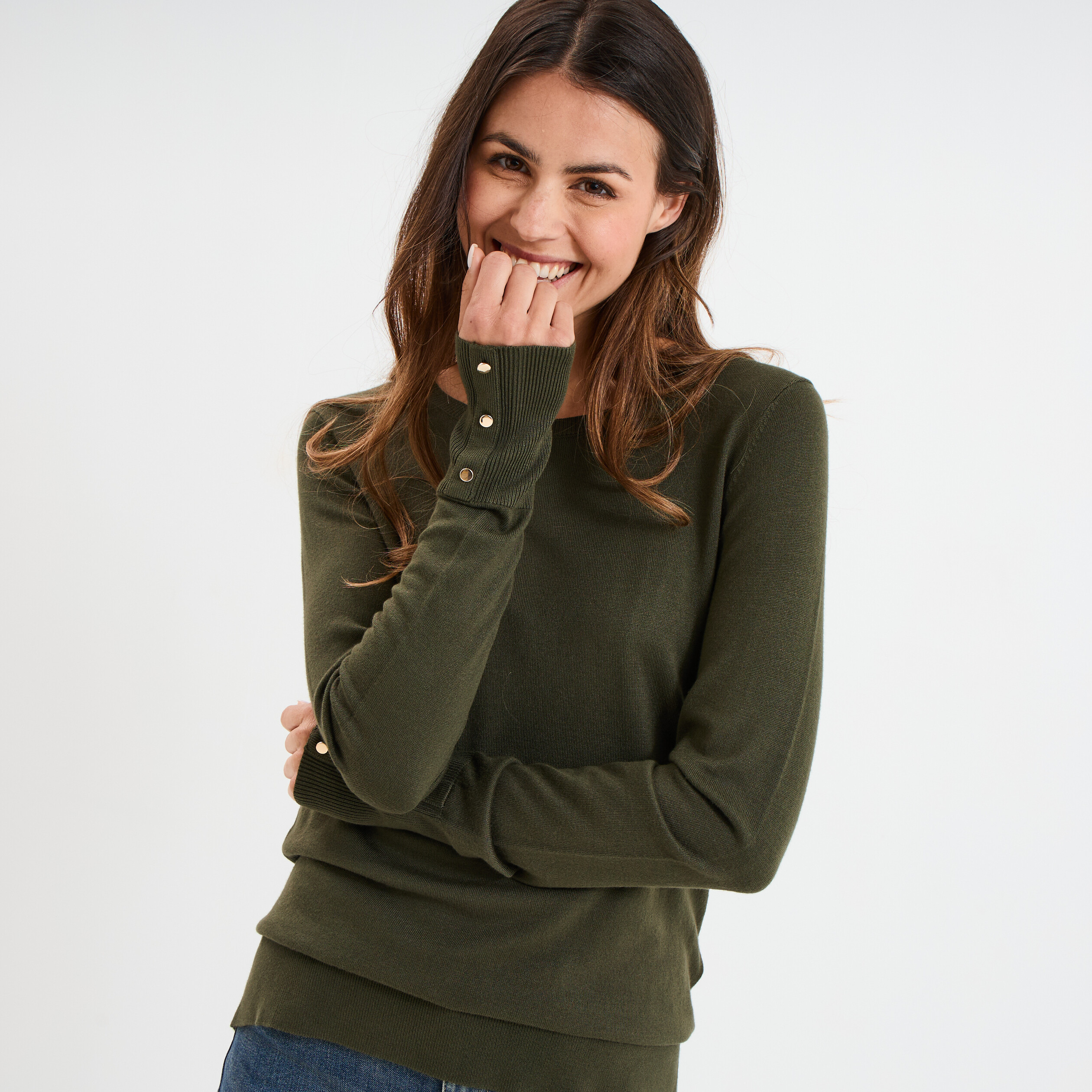 pull col rond boutons aux poignets vert kaki femme Pull col rond boutons aux poignets vert kaki femme