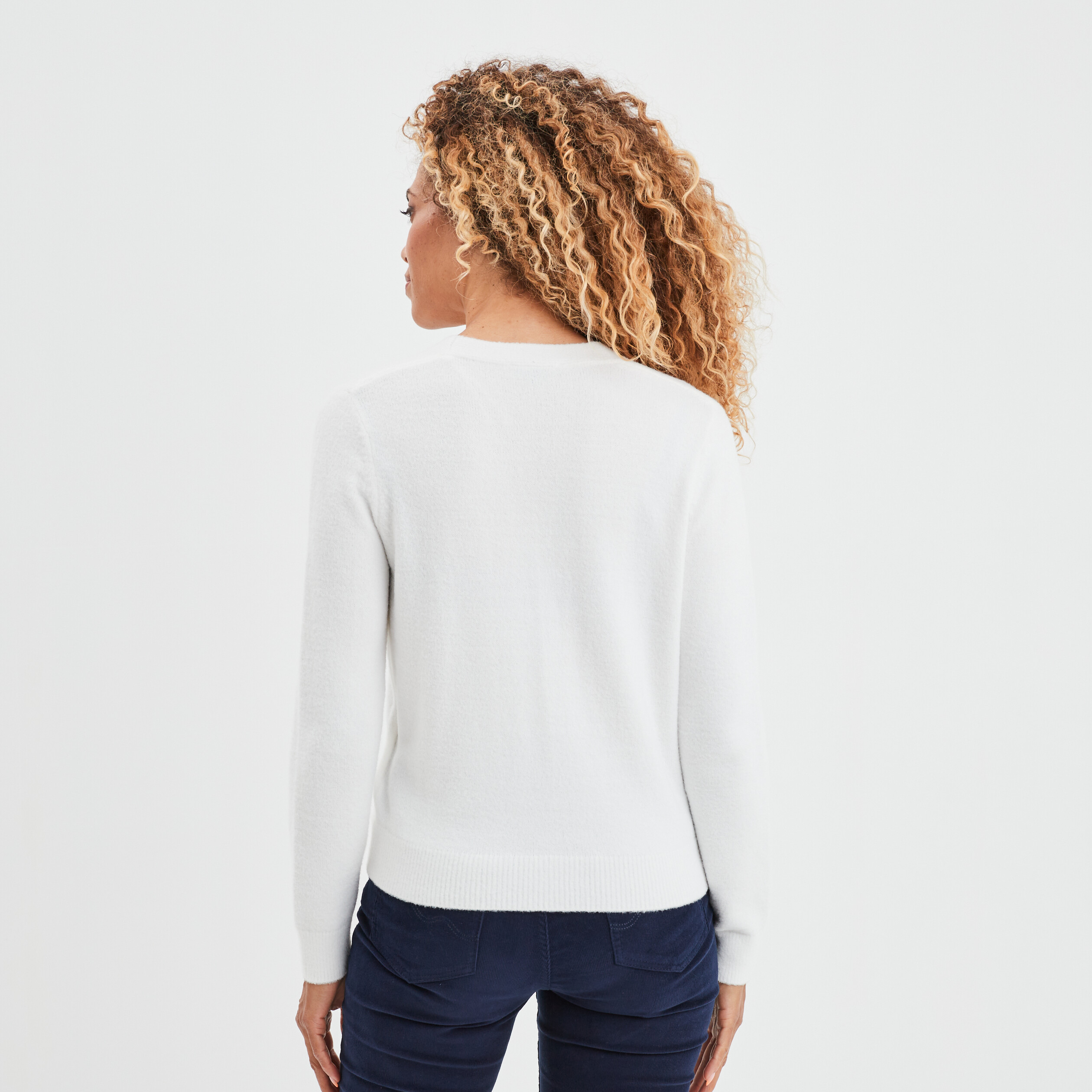 Gilet col en V boutons bijoux blanc femme