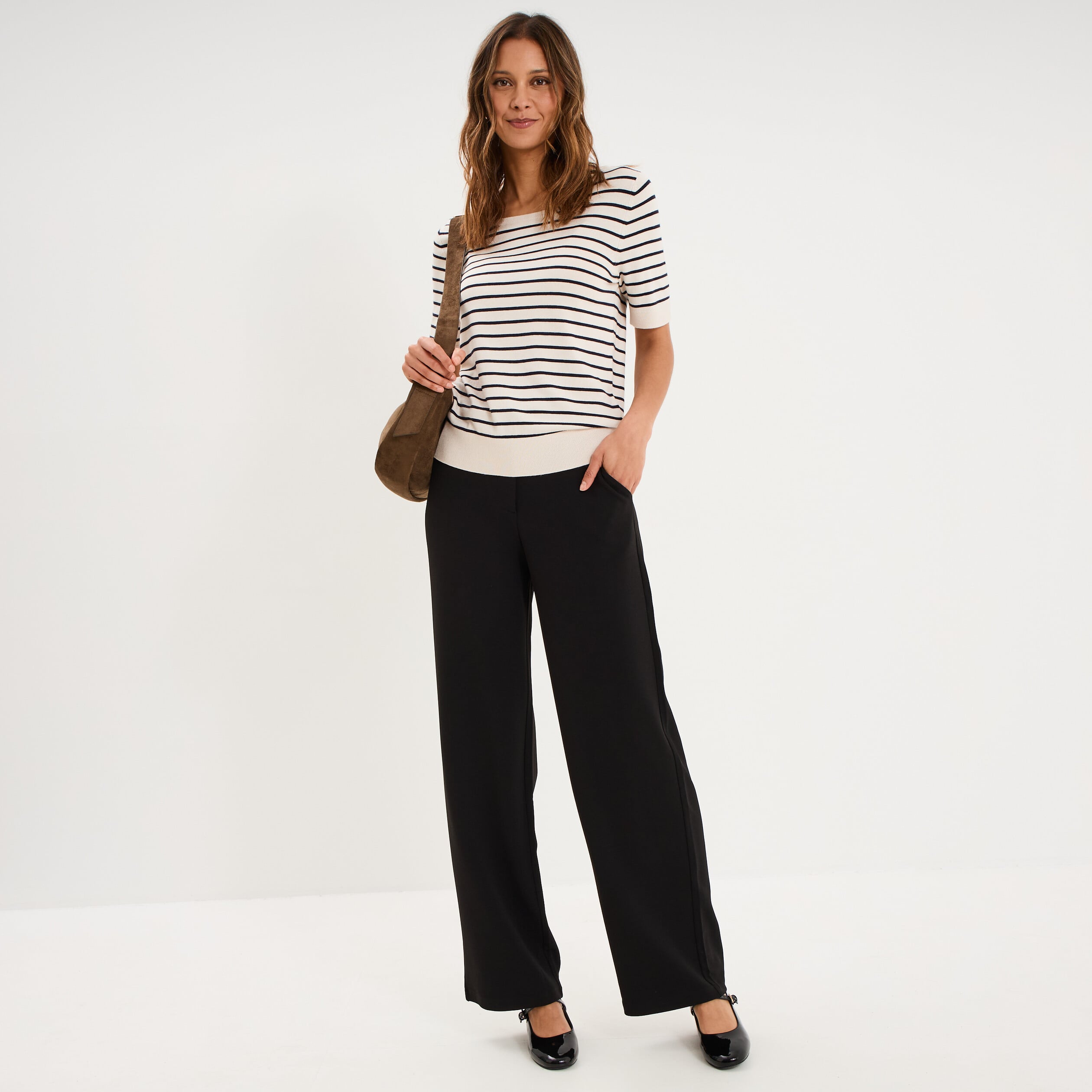 Pantalon effet cr&ecirc;pe large noir femme