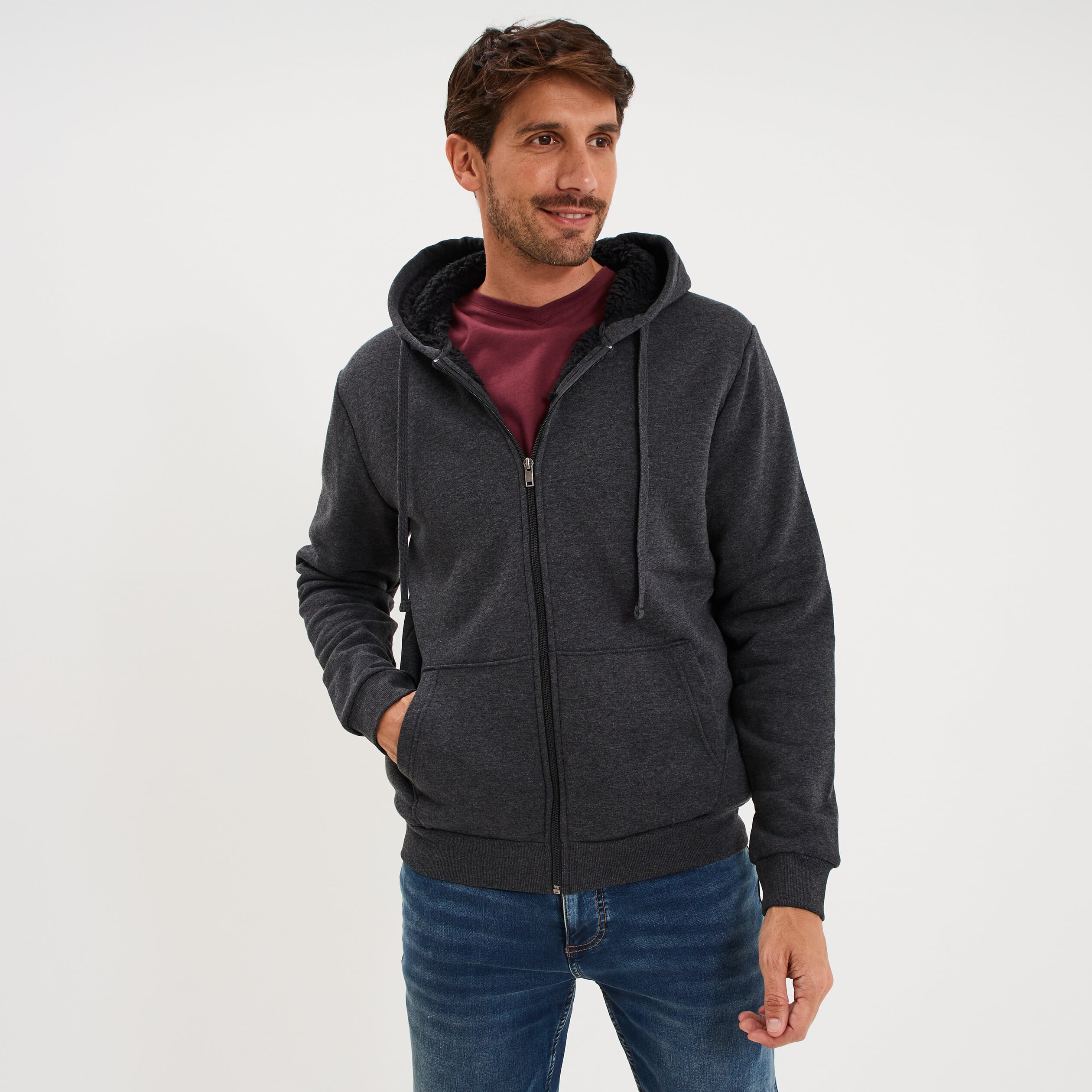Sweat zipp&eacute; doublure effet sherpa gris fonc&eacute; homme