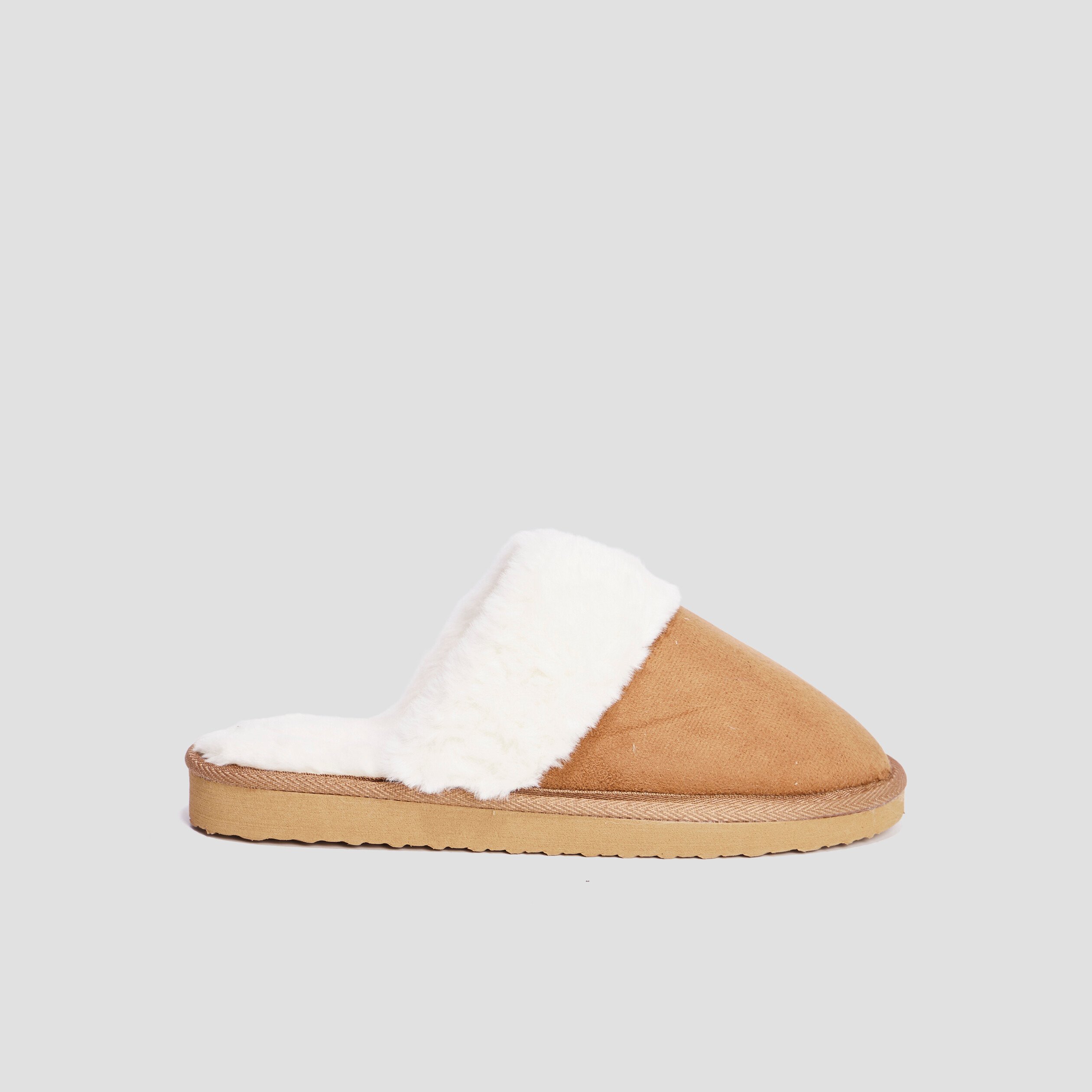 Chaussons mules col en fausse fourrure camel femme