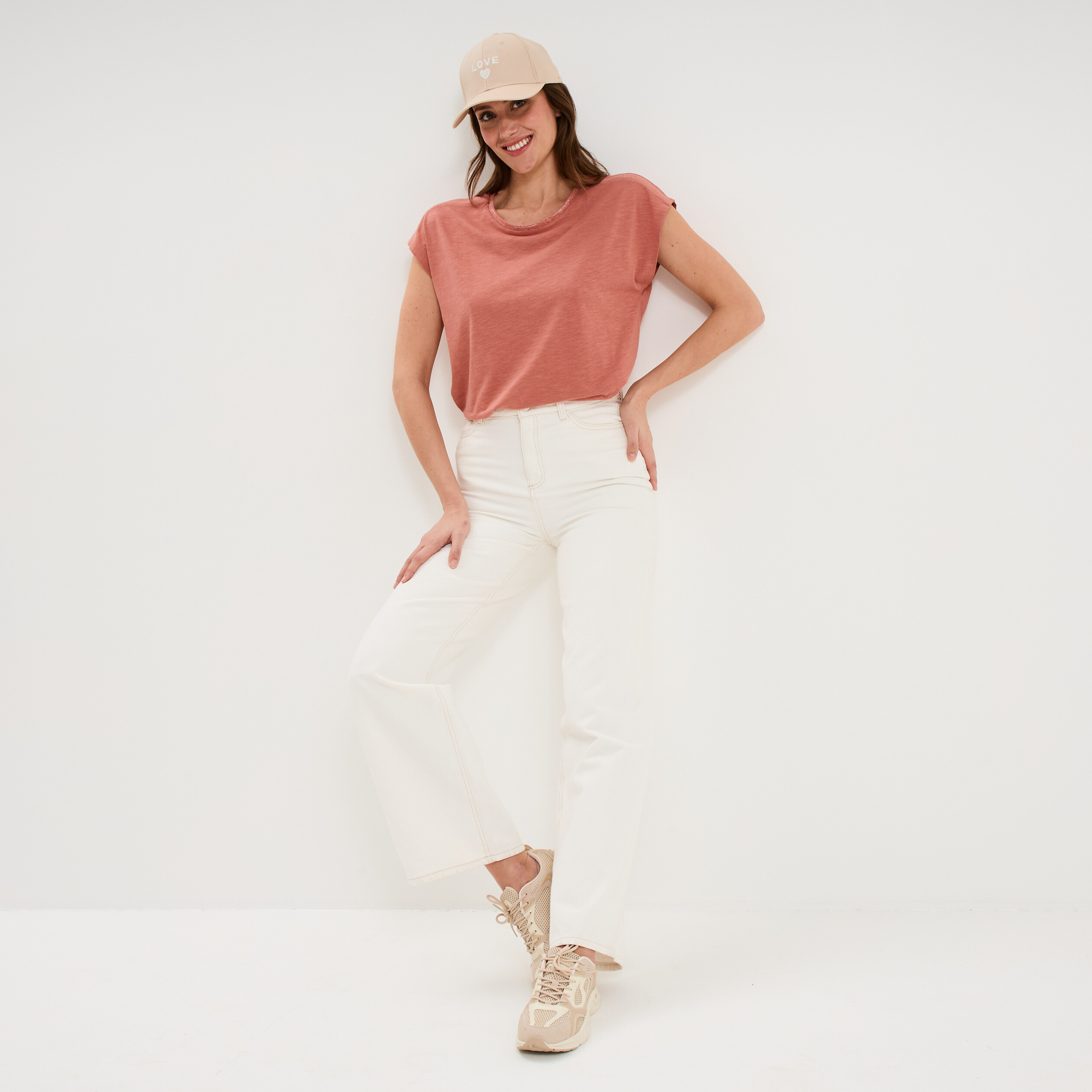 T-shirt col rond manches courtes terracotta femme