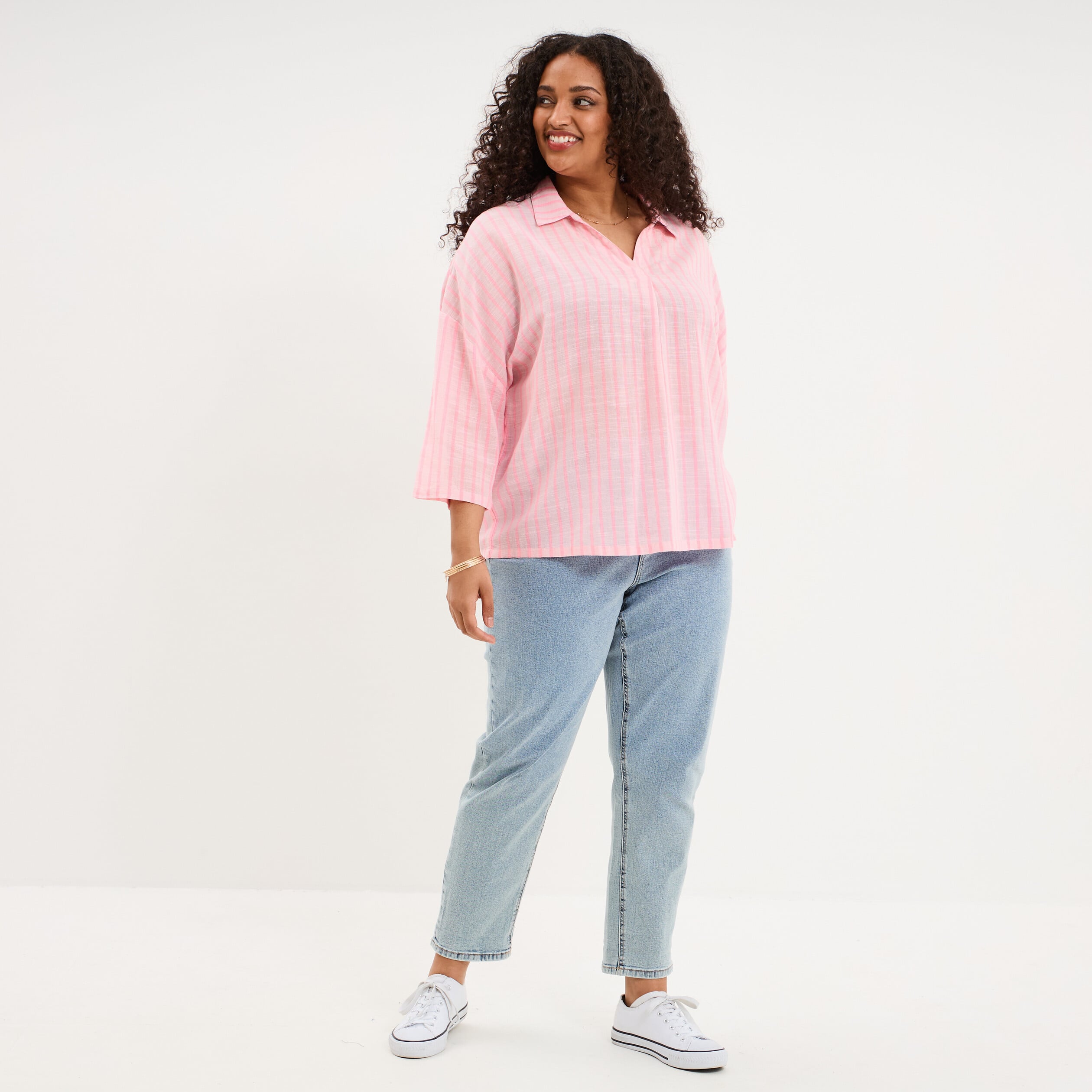 Blouse oversize manches 3/4 coton rose femme grande taille