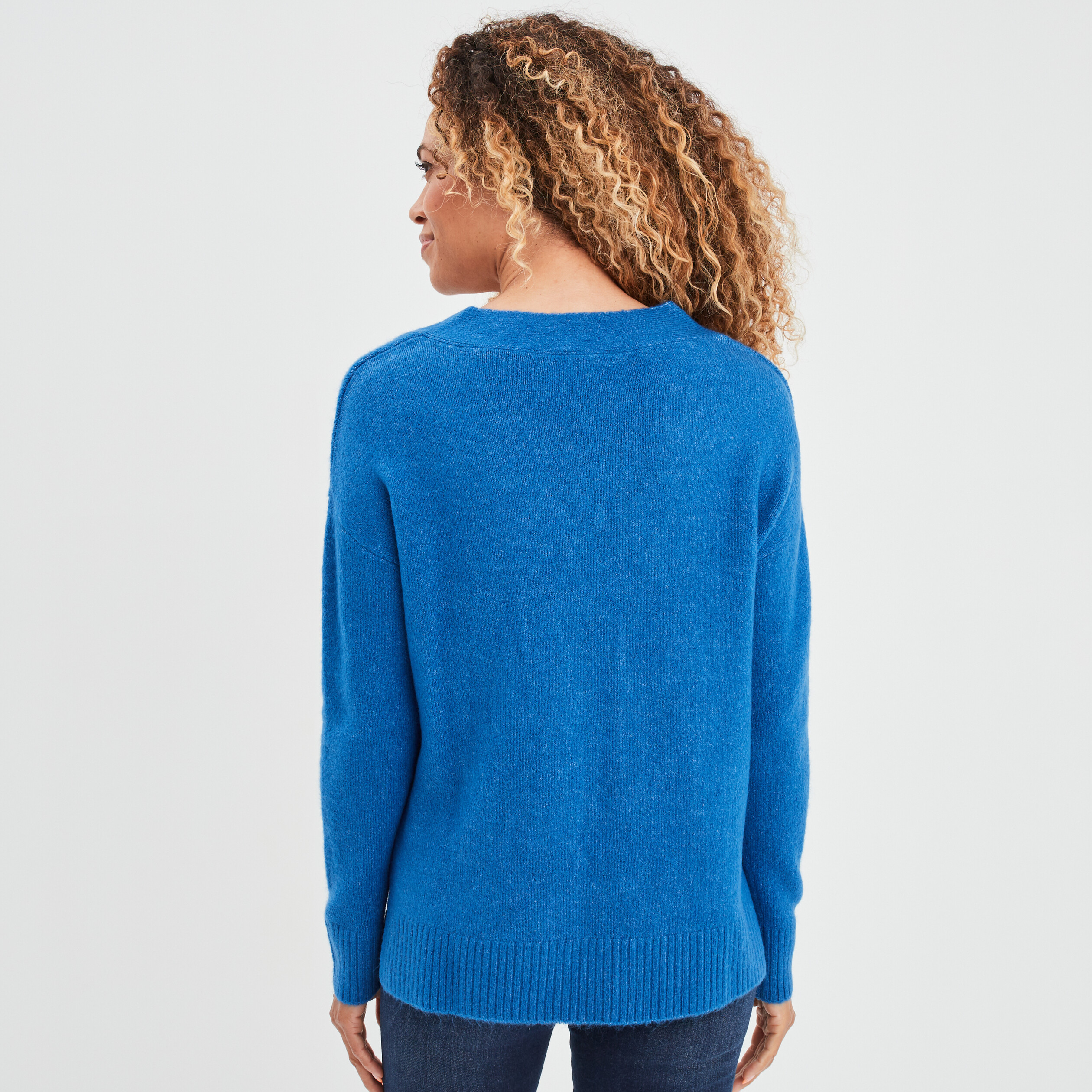 Pull col en V fentes aux côtés bleu roi femme