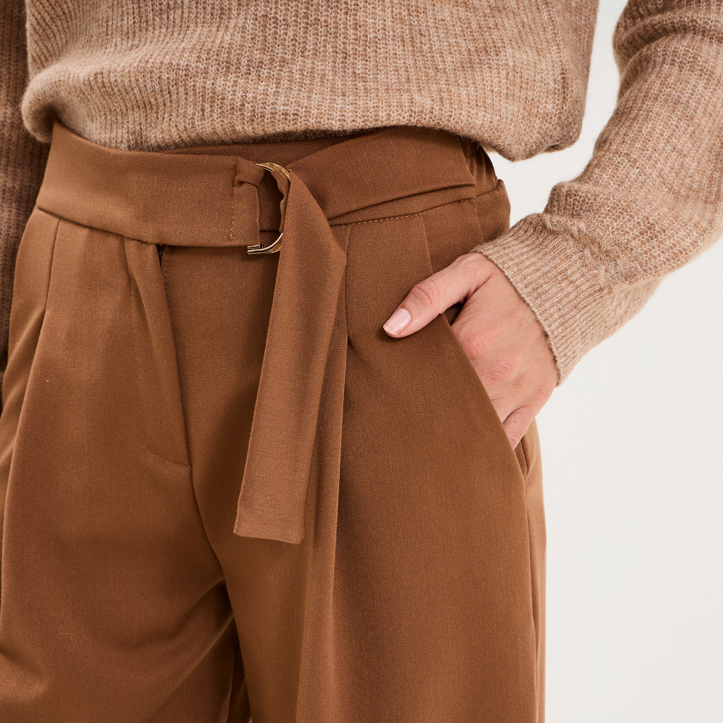 Pantalon large fluide avec ceinture marron clair femme