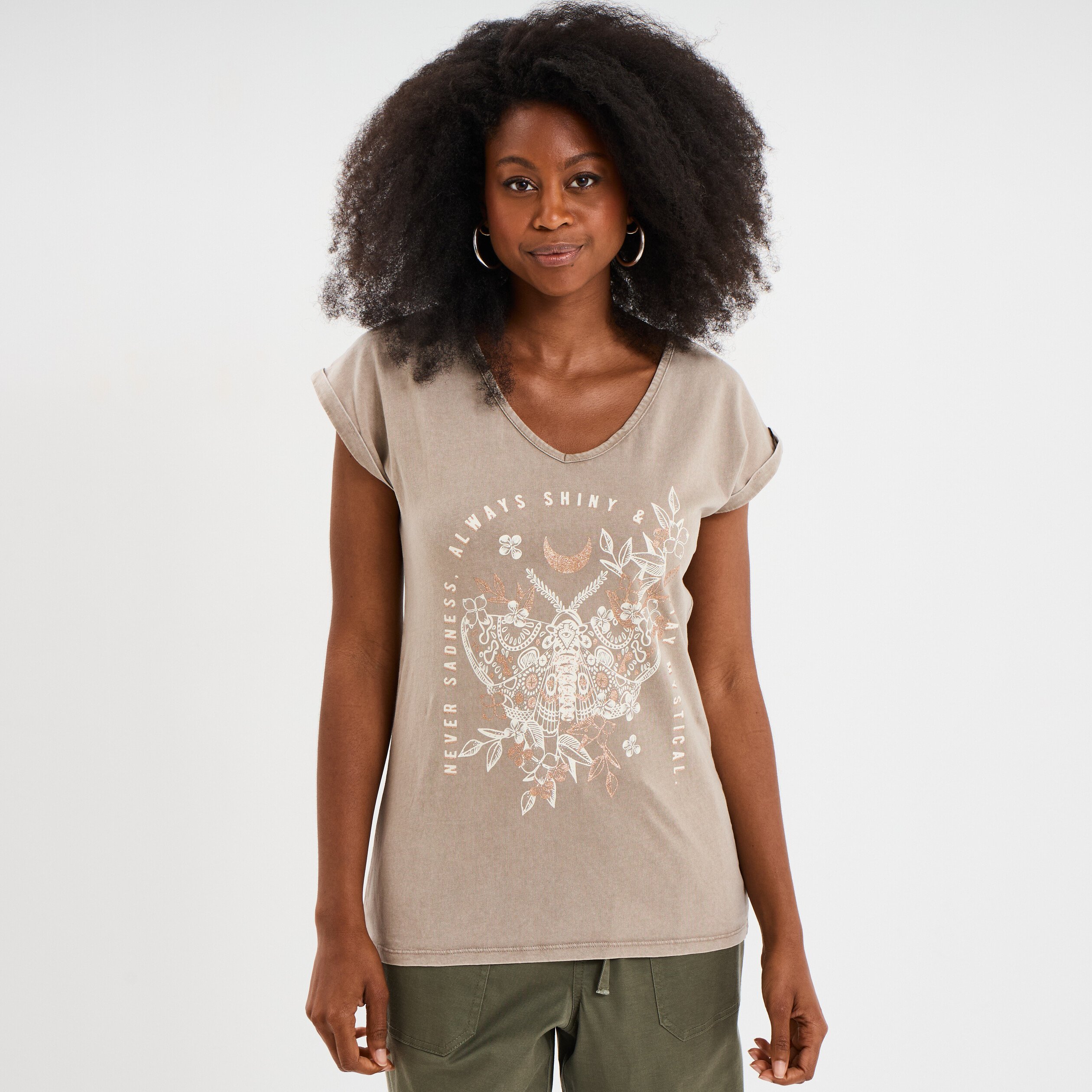 t shirt coton col en v manches courtes vert kaki femme T-shirt coton col en V manches courtes vert kaki femme