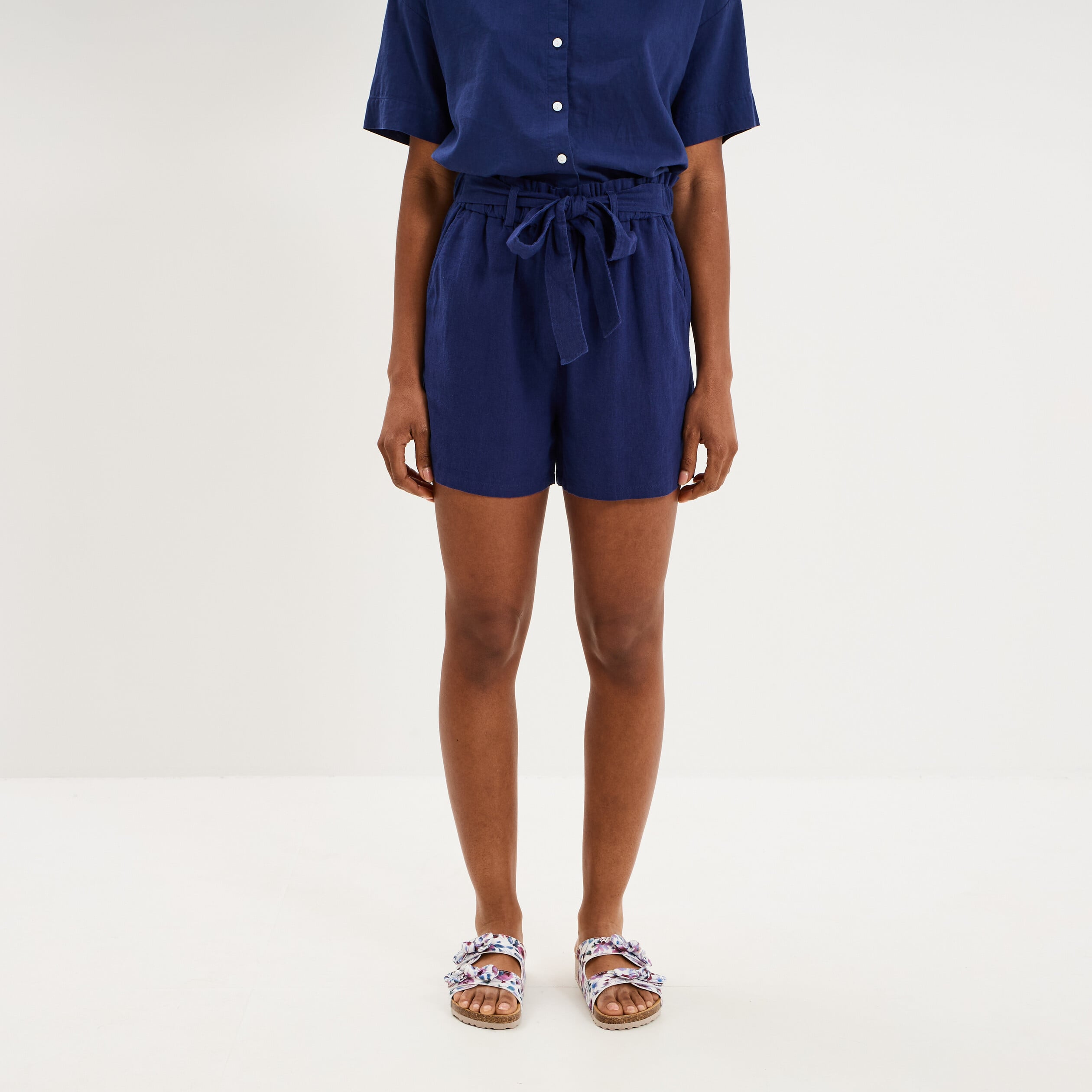 Short paperbag lin m&eacute;lang&eacute; bleu fonc&eacute; femme