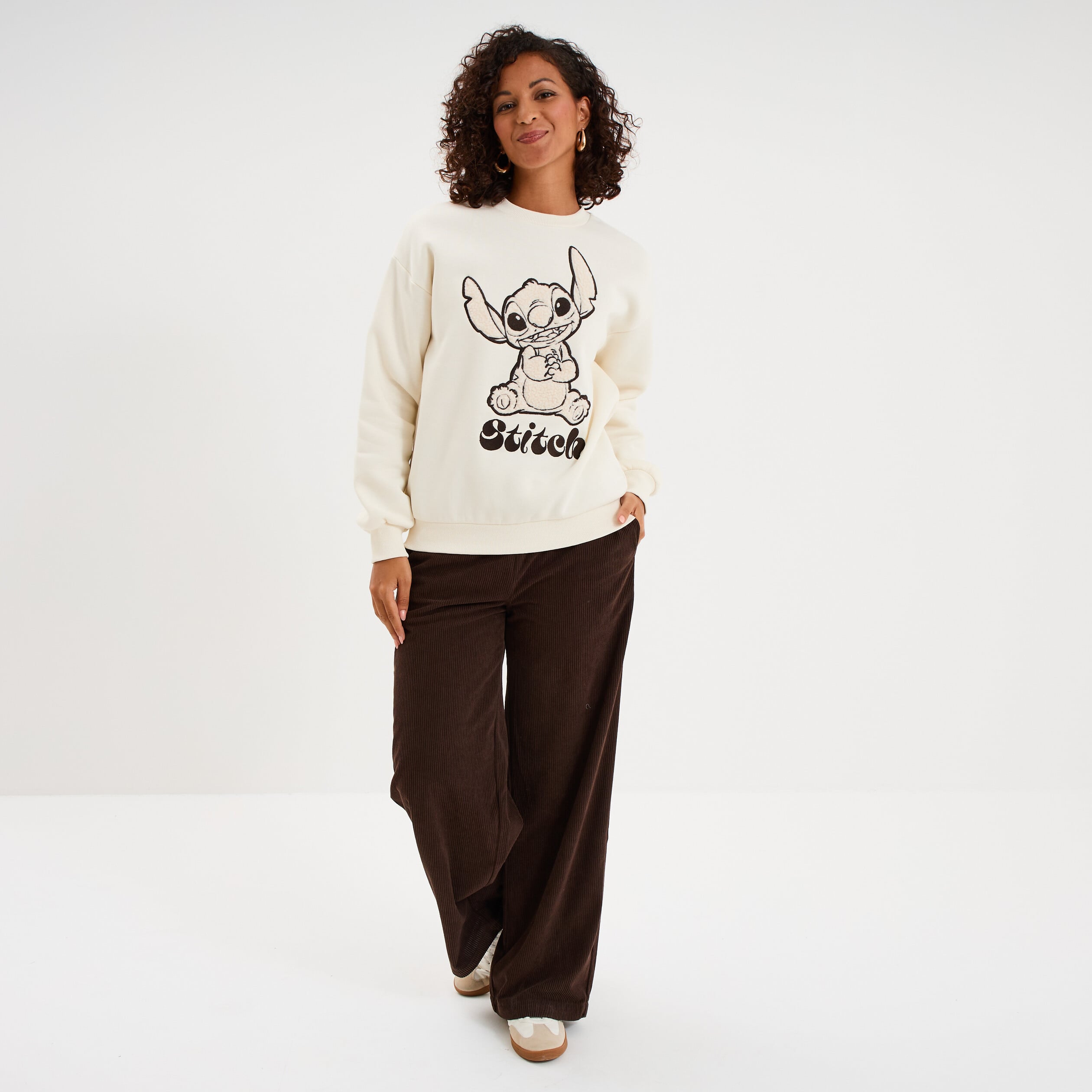 Sweat col rond manches longues Stitch ivoire femme