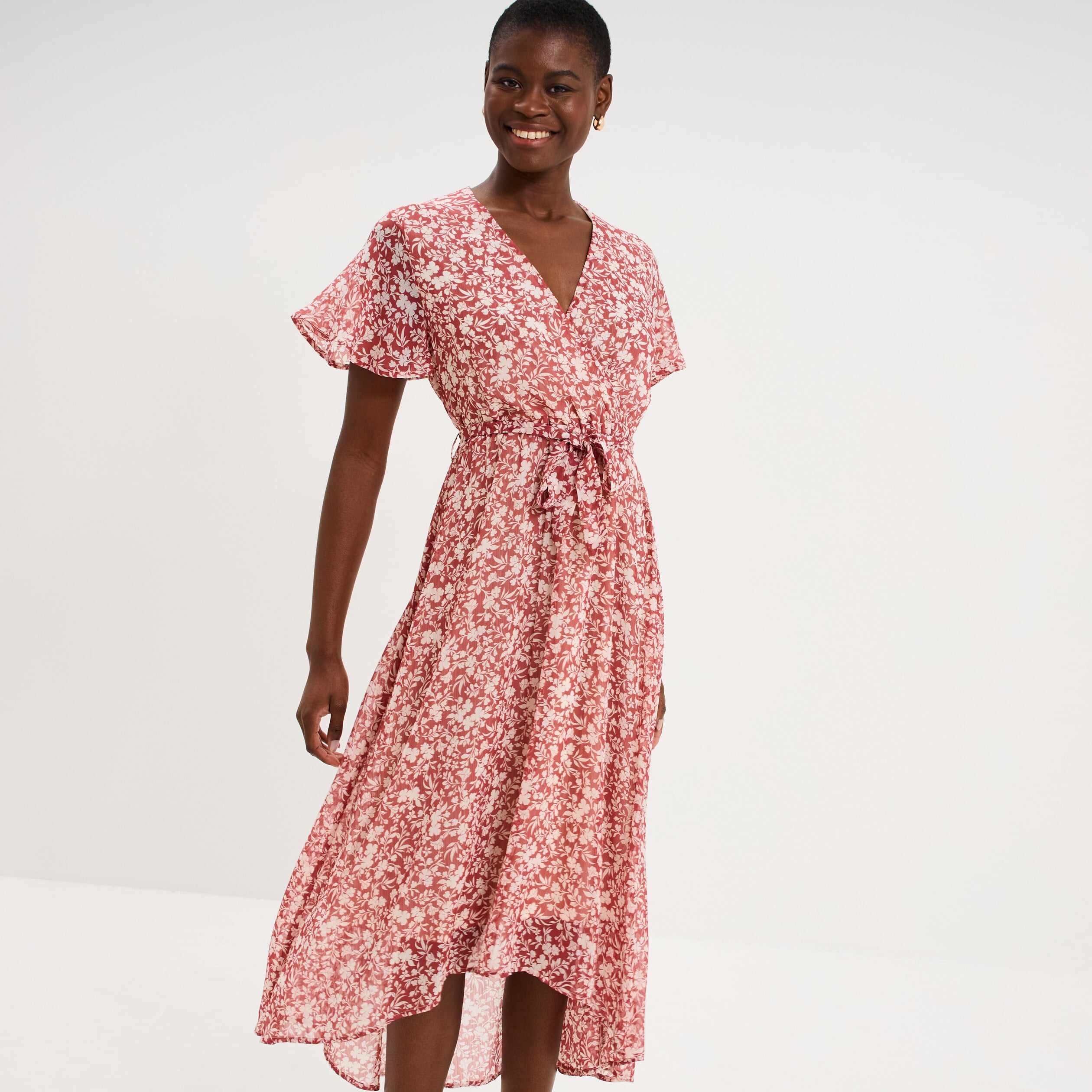 Robe longue &eacute;vas&eacute;e col cache-coeur rose femme
