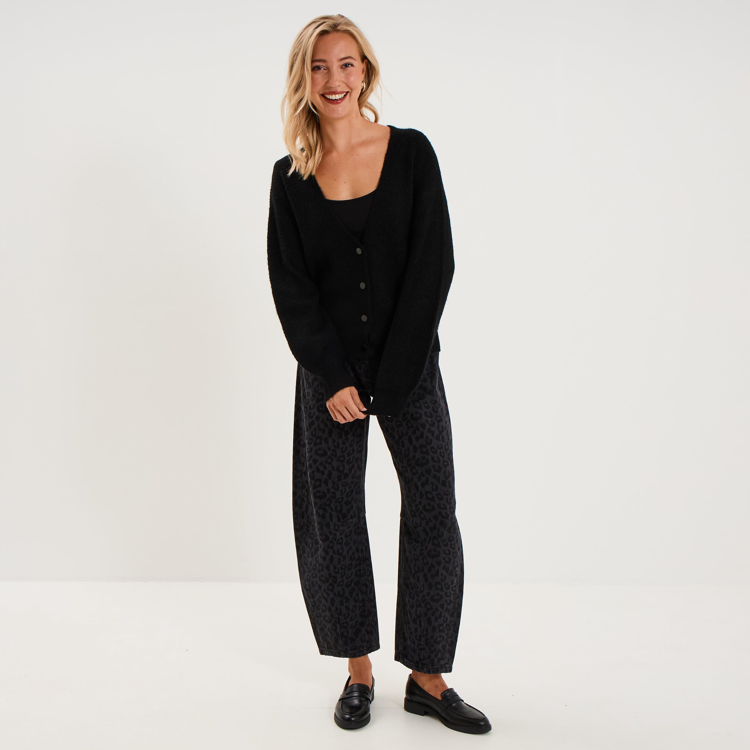 Gilet col en V manches longues ballon noir femme