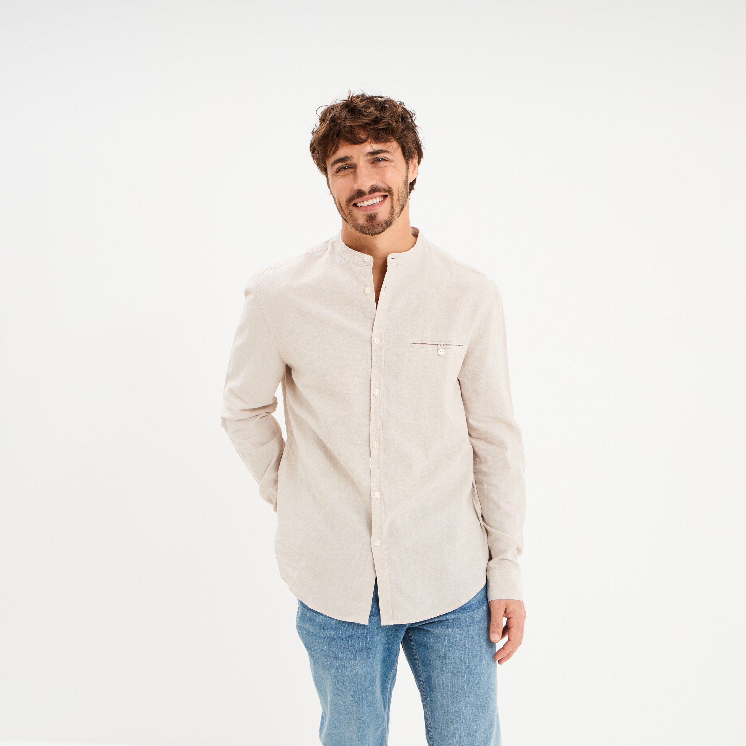 Chemise col mao lin mélangé gris clair homme