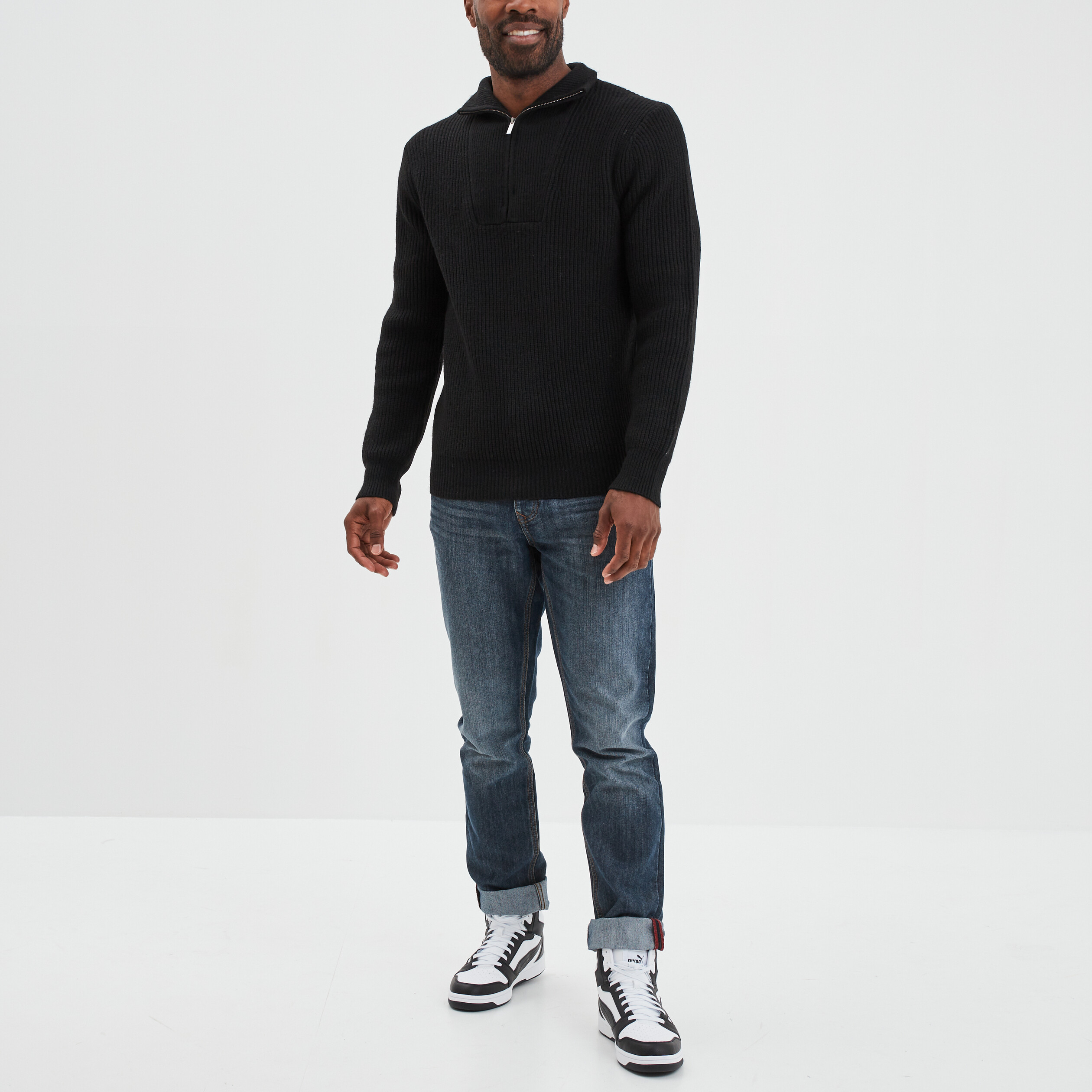 Pull avec col camionneur côtelé noir homme