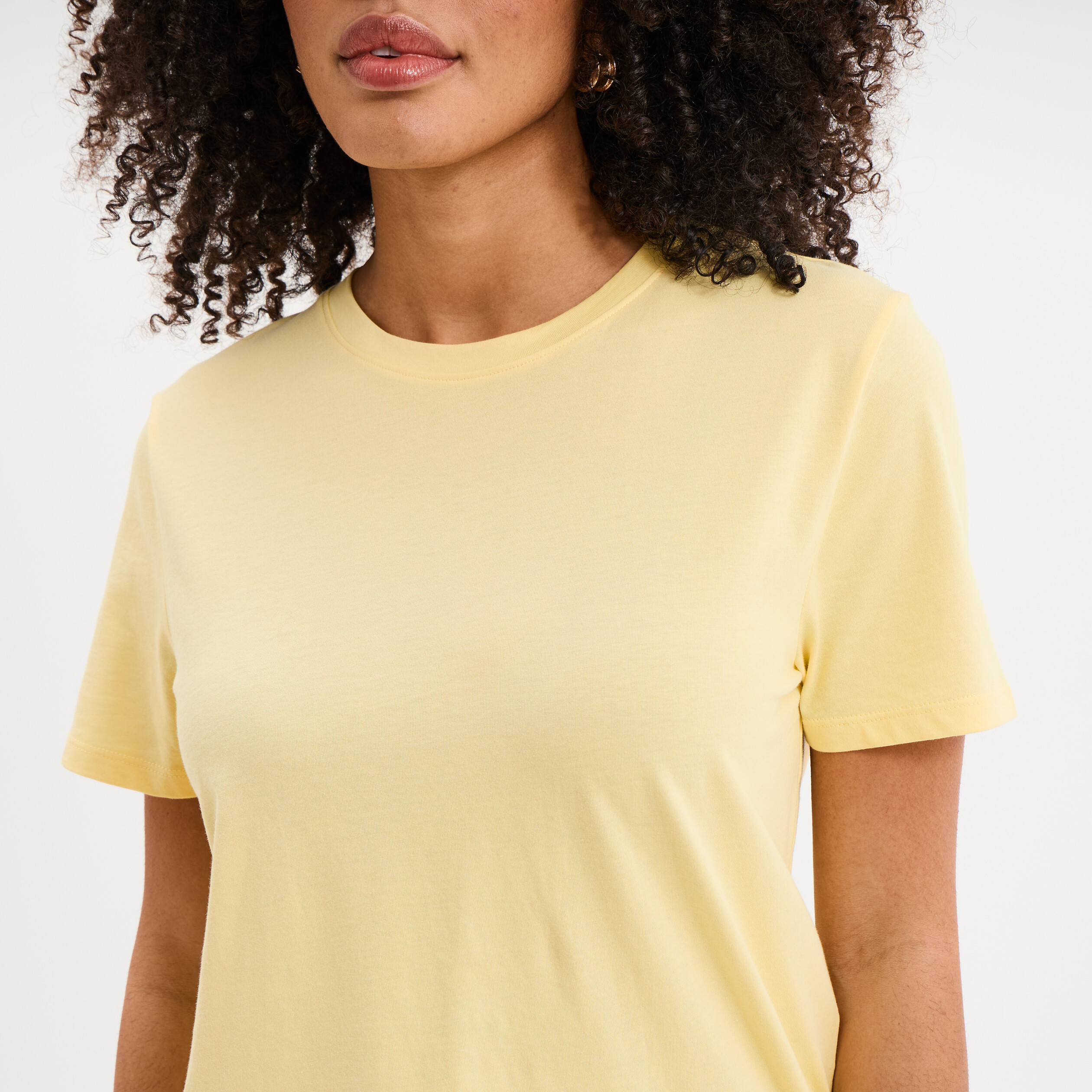 T-shirt col rond manches courtes coton jaune pastel femme