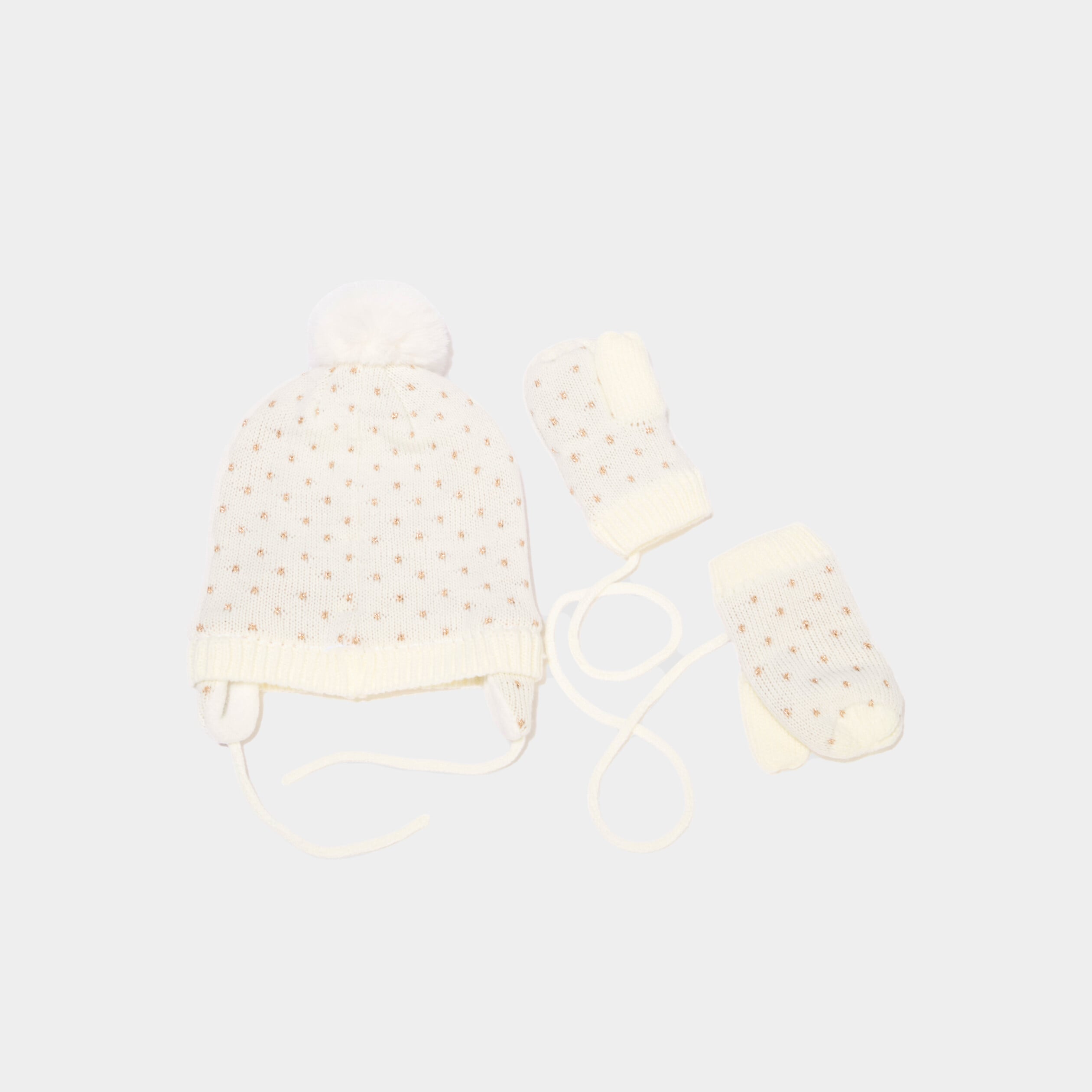 Ensemble bonnet et moufles ivoire b&eacute;b&eacute; fille