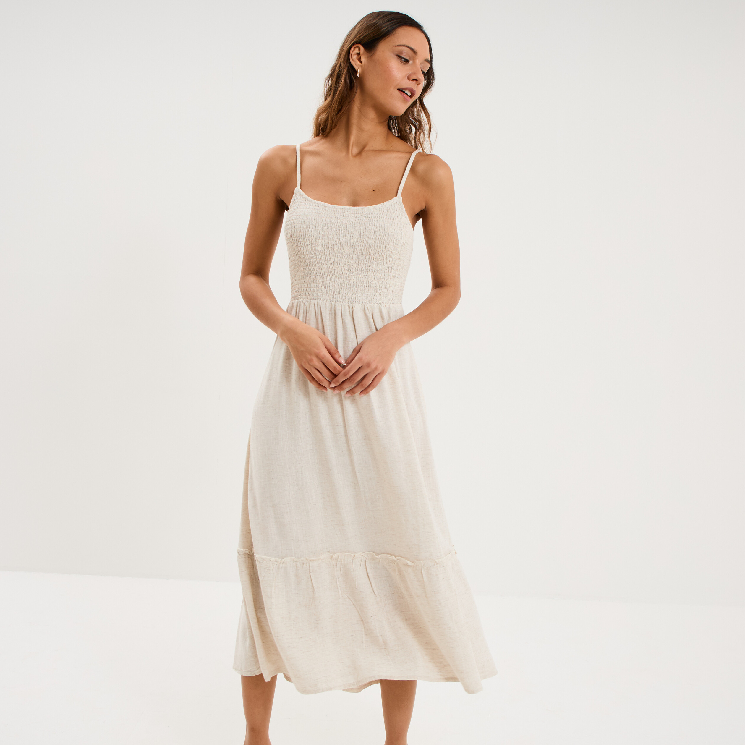 Robe longue buste smock&eacute; lin m&eacute;lang&eacute; beige femme