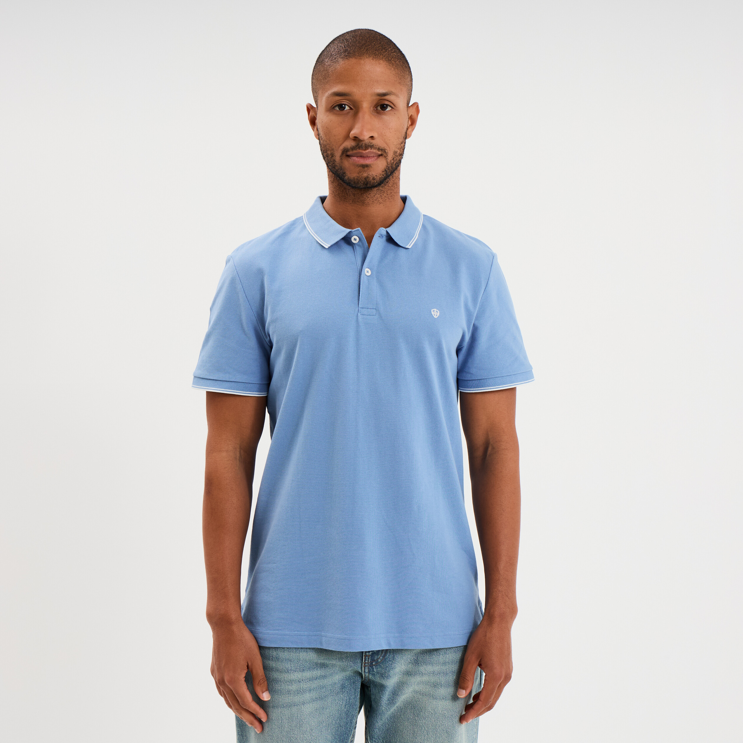 Polo piqu&eacute; coton manches courtes bleu homme