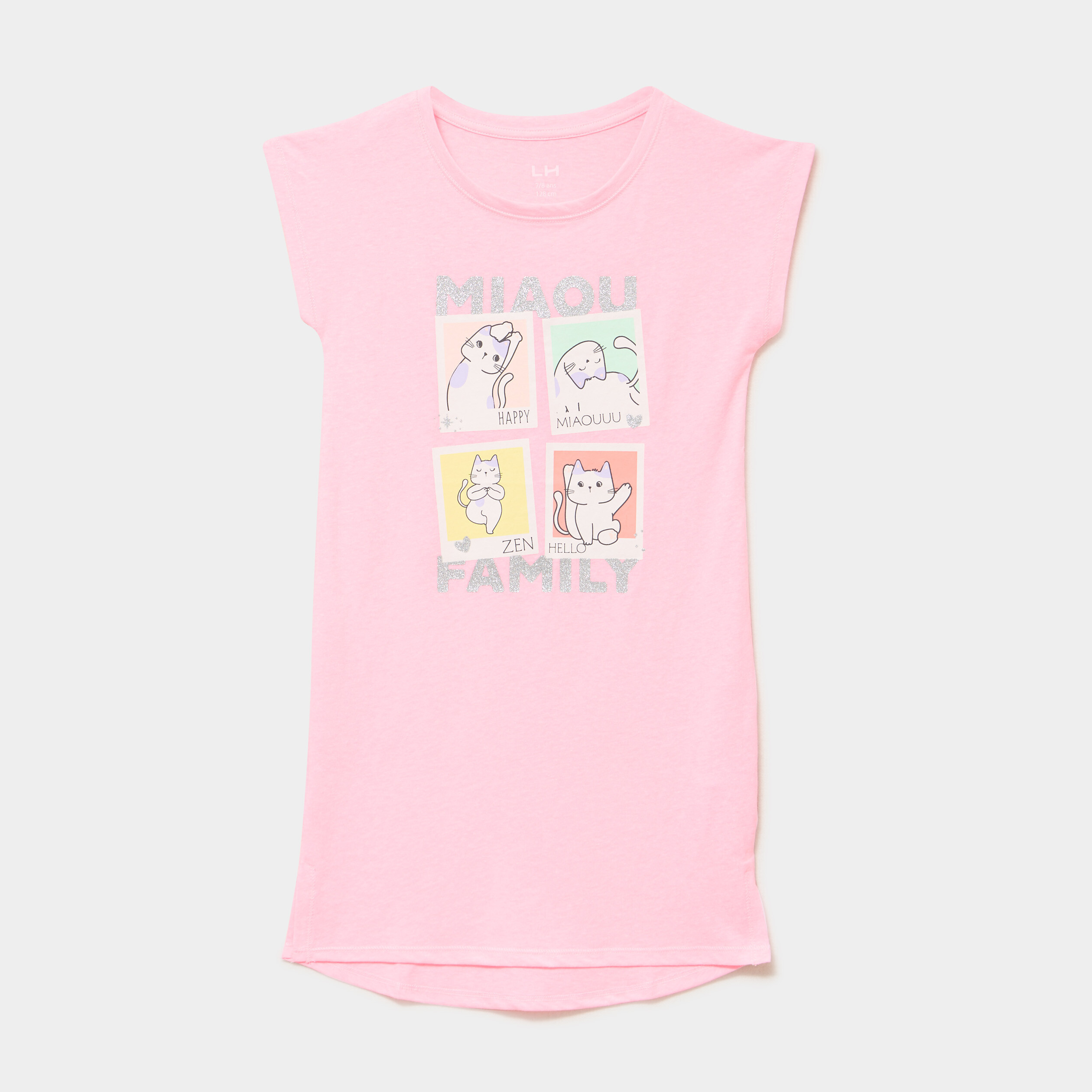 Chemise de nuit manches courtes coton rose fluo fille
