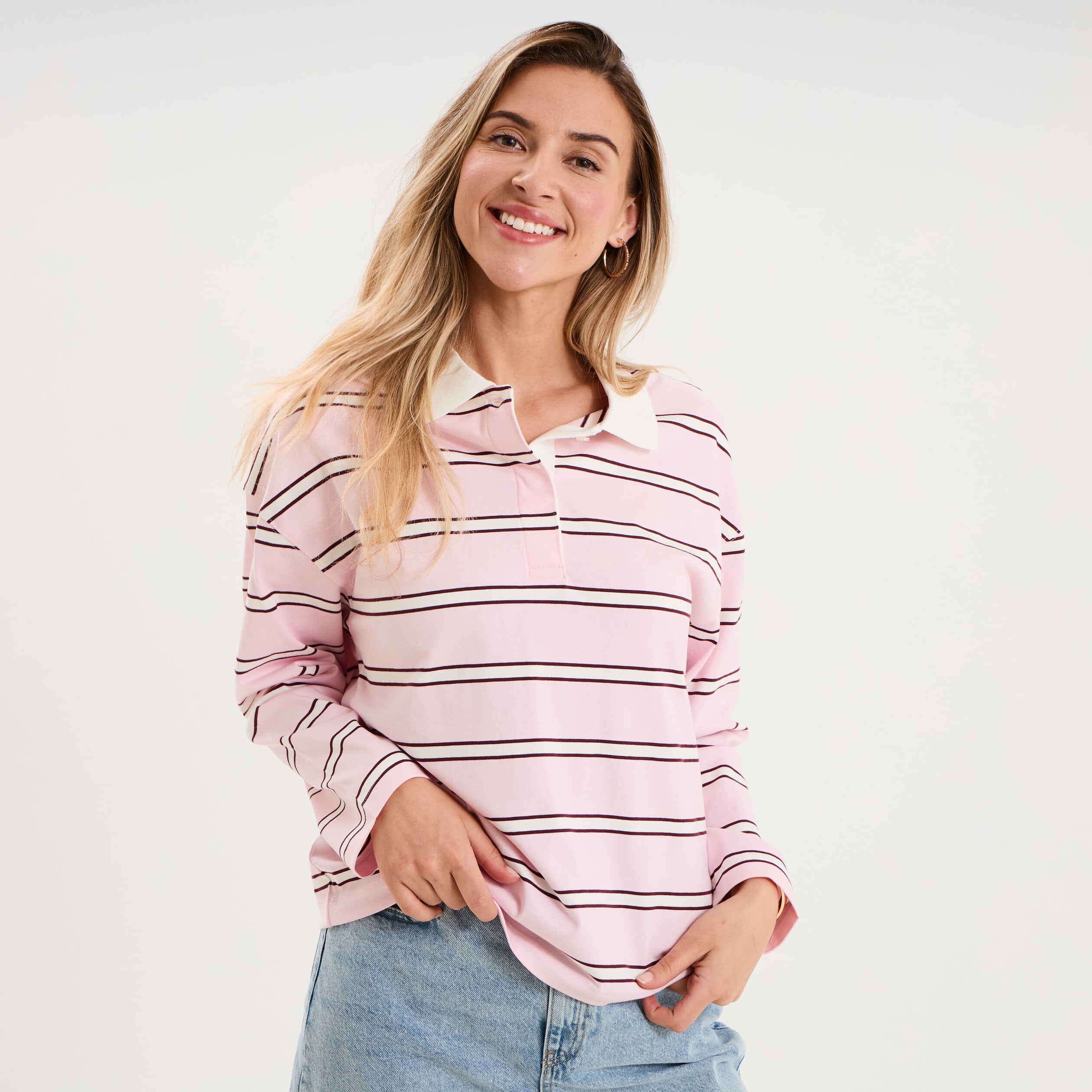 Polo manches longues coton rose pastel femme