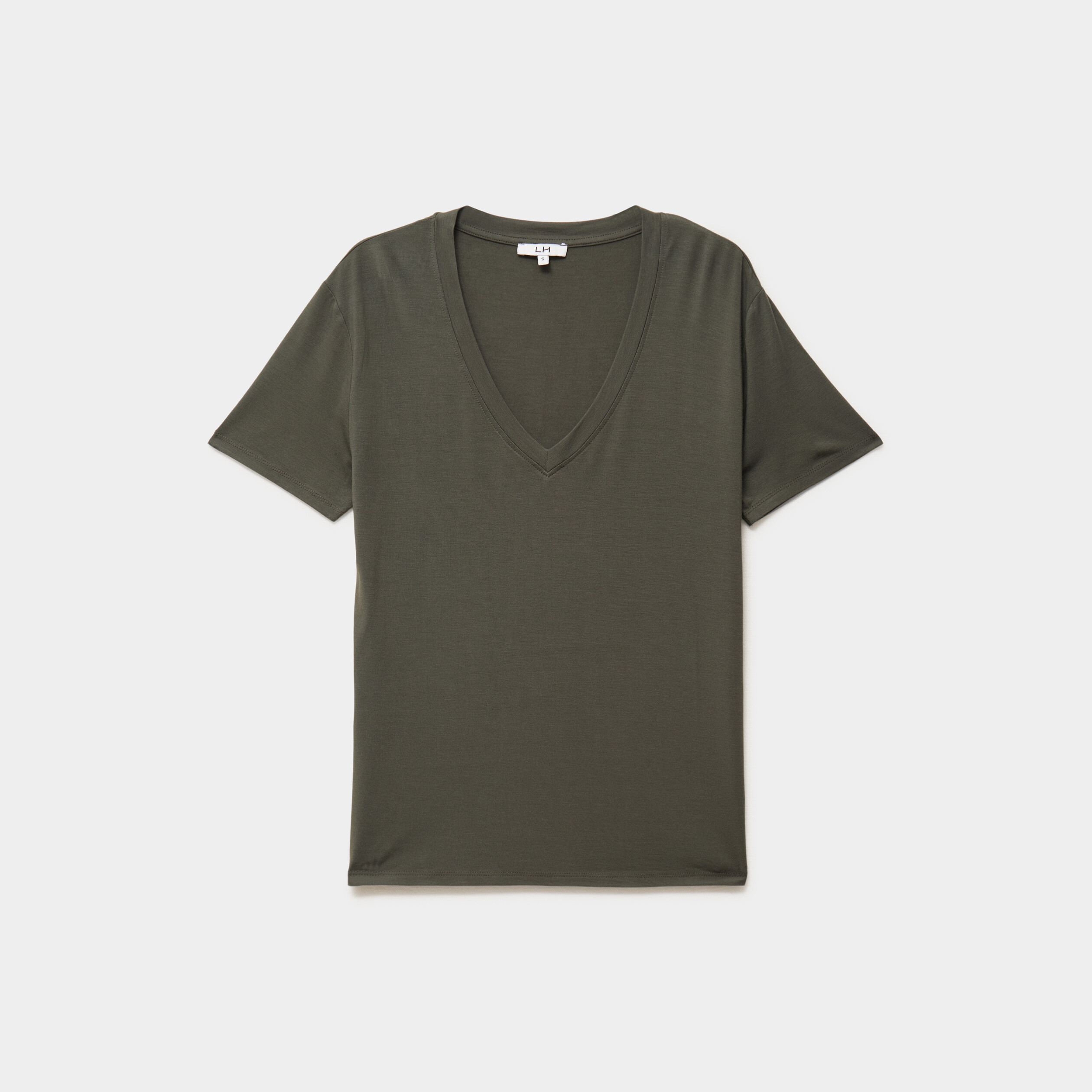T-shirt fluide col en V manches courtes vert kaki femme