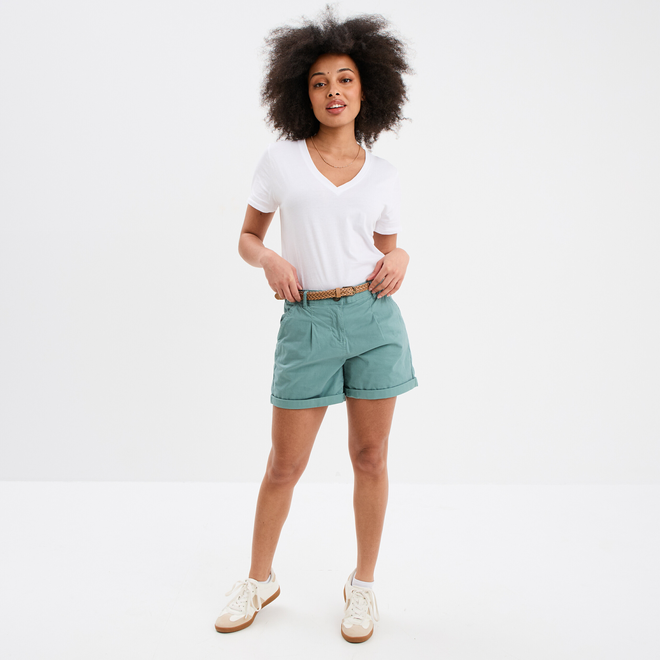 short chino ceinture tressee bleu gris femme Short chino ceinture tressée bleu gris femme