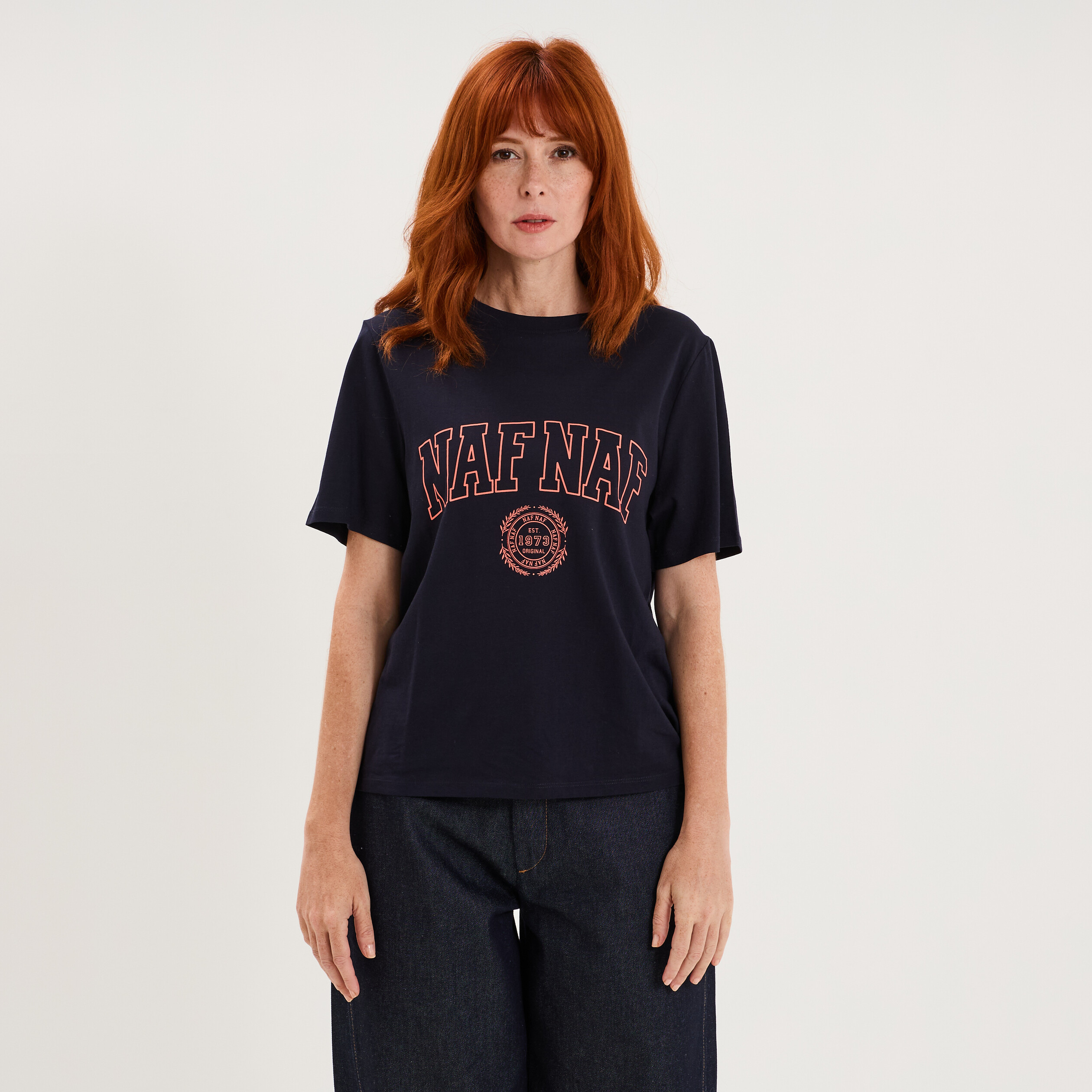 T-shirt col rond manches courtes print bleu fonc&eacute; femme