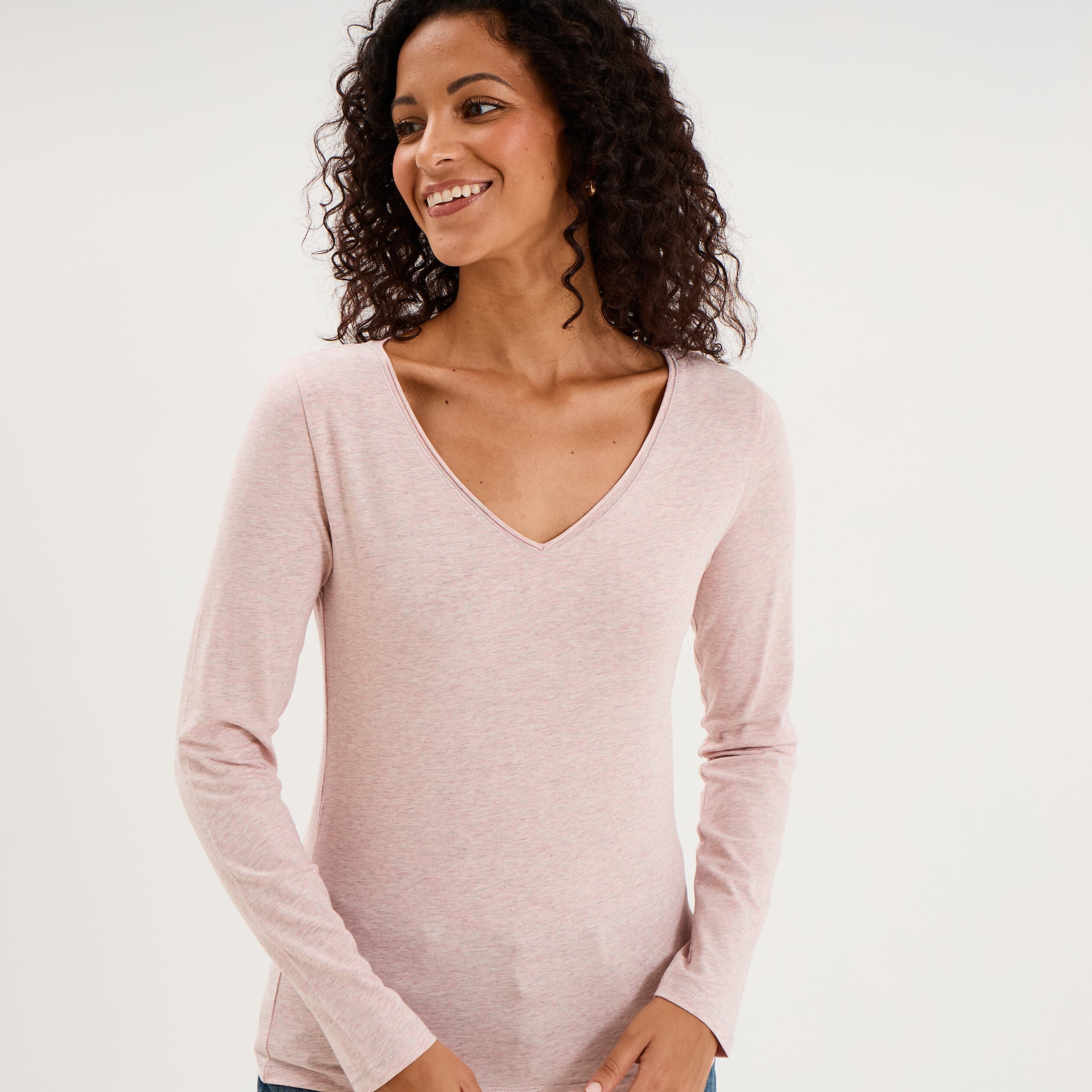 T-shirt manches longues col en V coton rose clair femme