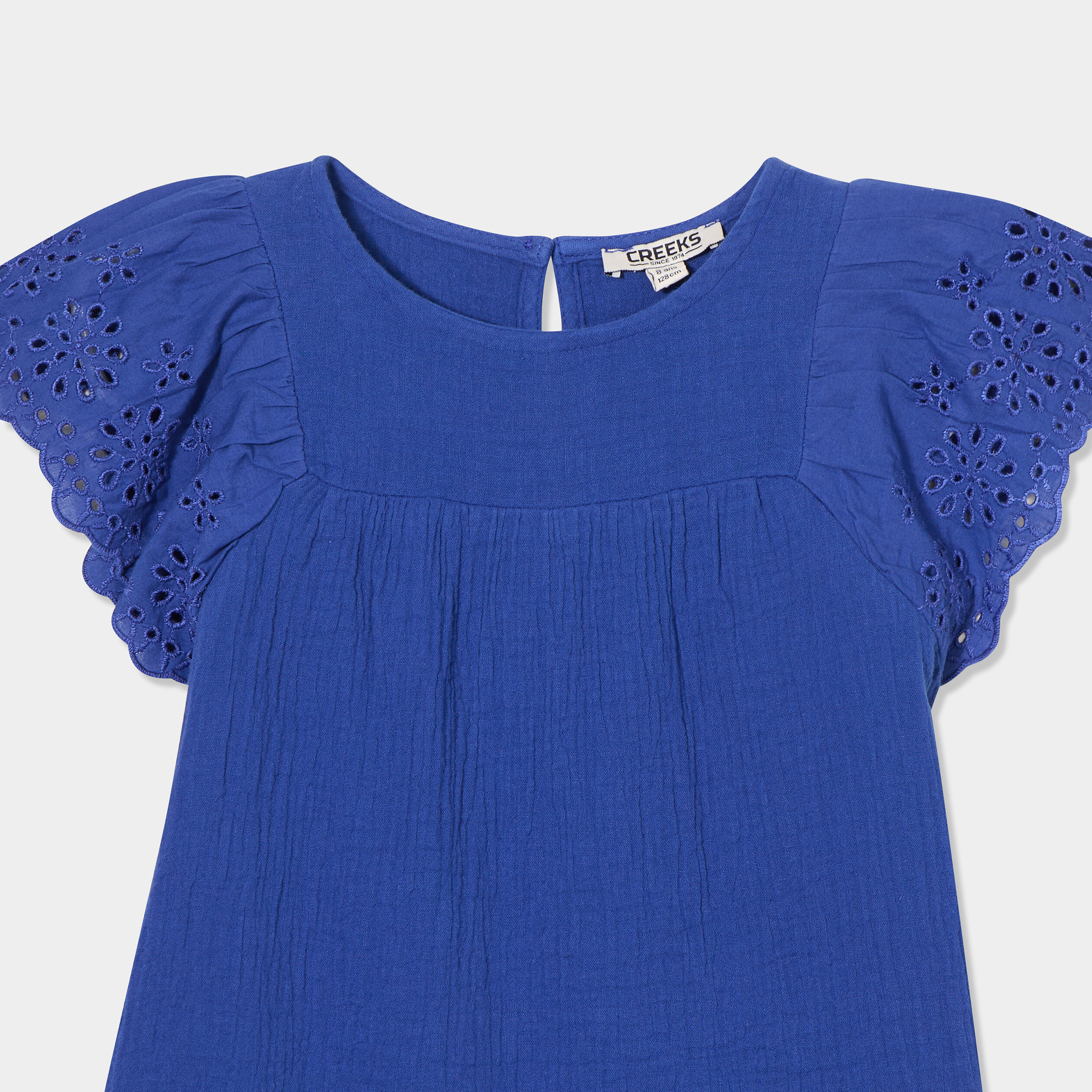 blouse broderie anglaise gaze de coton bleu roi fille Blouse broderie anglaise gaze de coton bleu roi fille