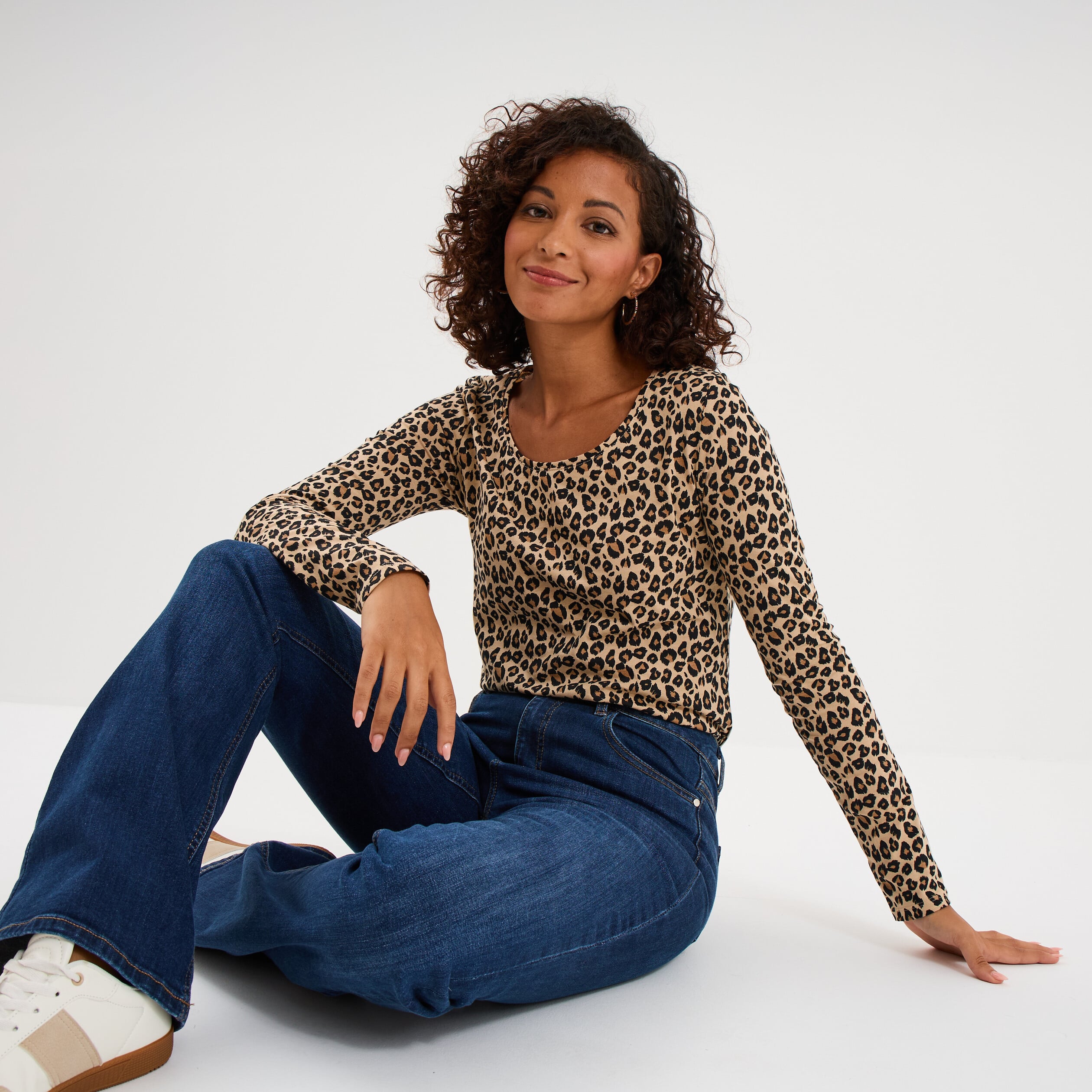 T-shirt col rond manches longues coton sable femme