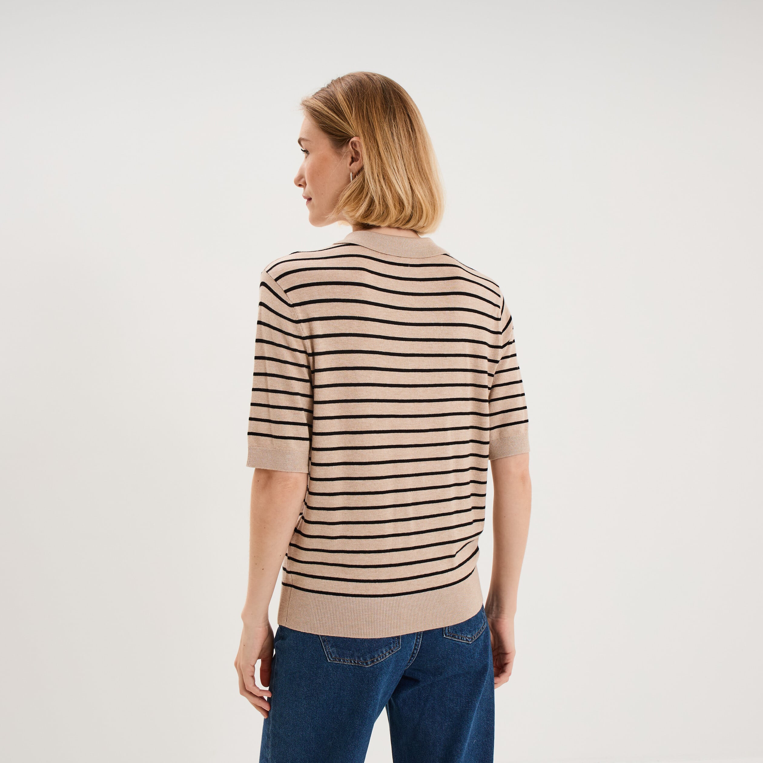 Pull col polo manches courtes beige clair femme