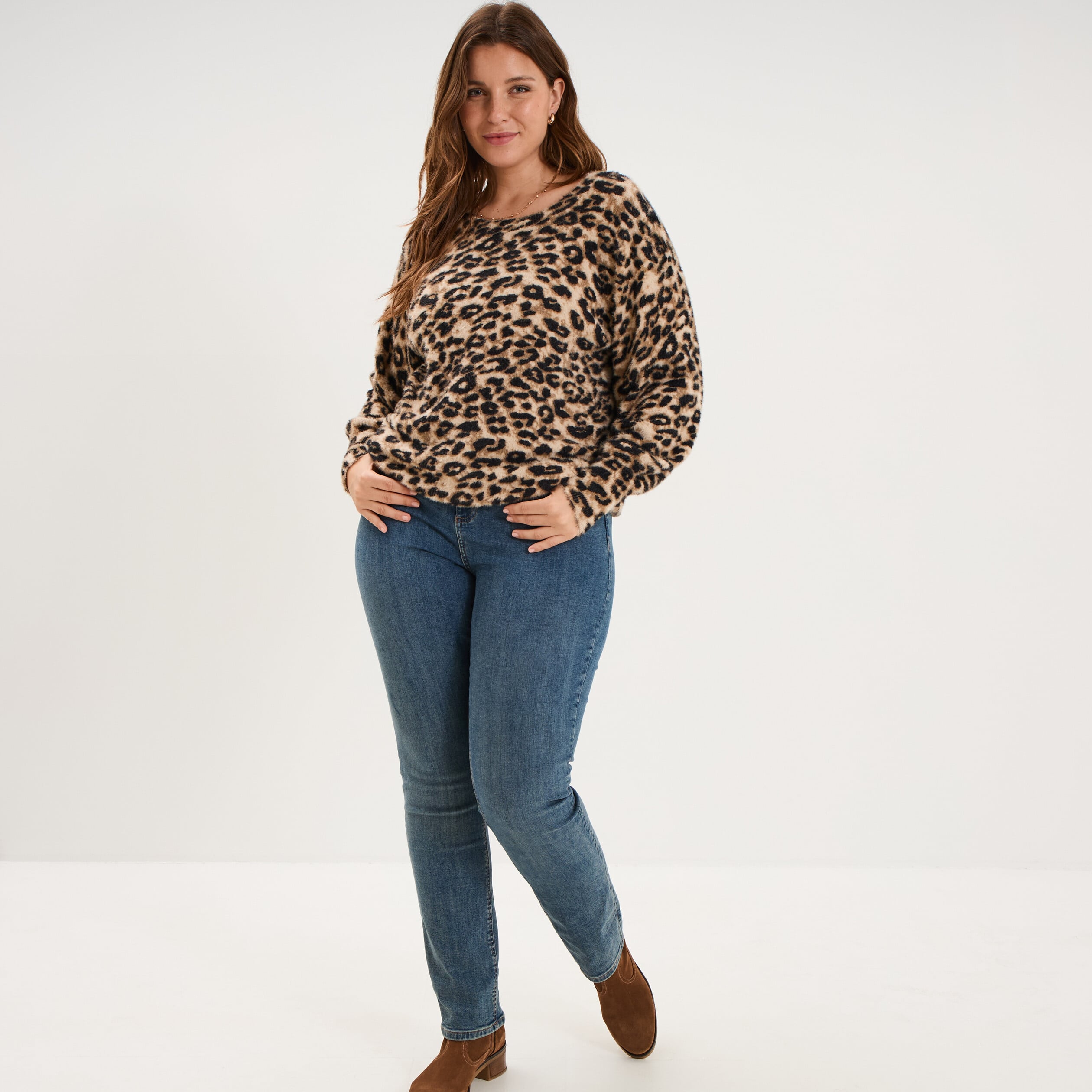 Pull manches longues col rond beige femme grande taille