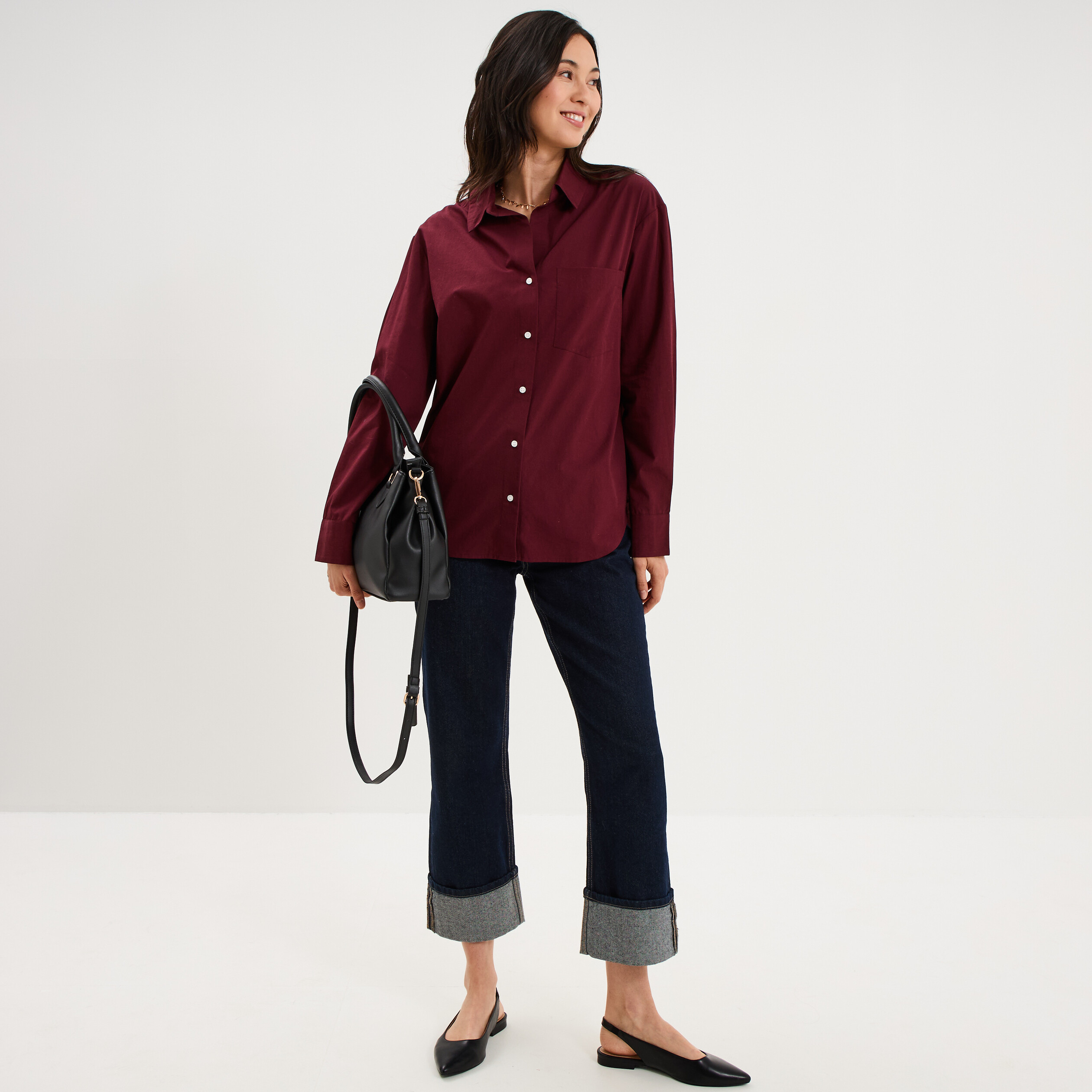 Chemise oversize 1 poche coton violet fonc&eacute; femme