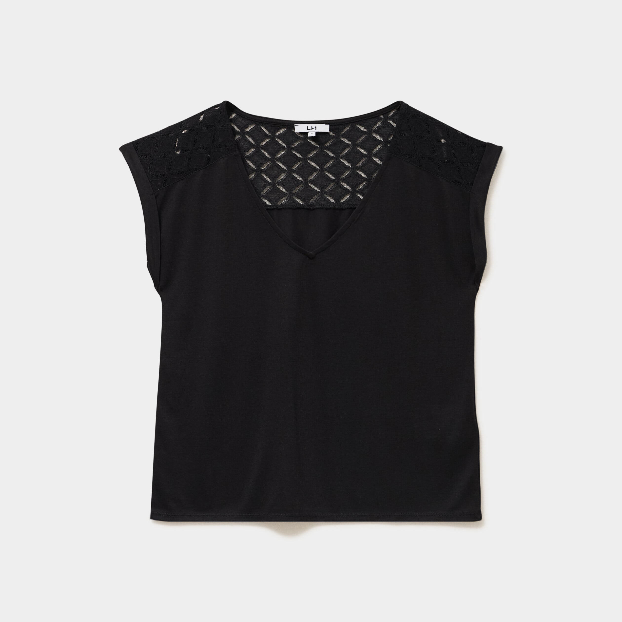 T-shirt col en V ajour&eacute; &eacute;paules et dos noir femme