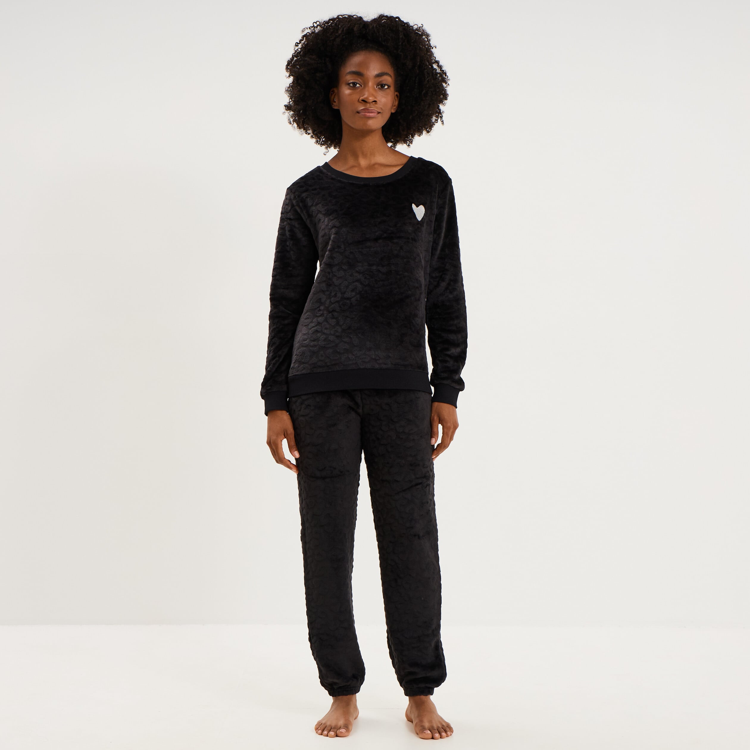 Ensemble pyjama effet polaire col rond noir femme