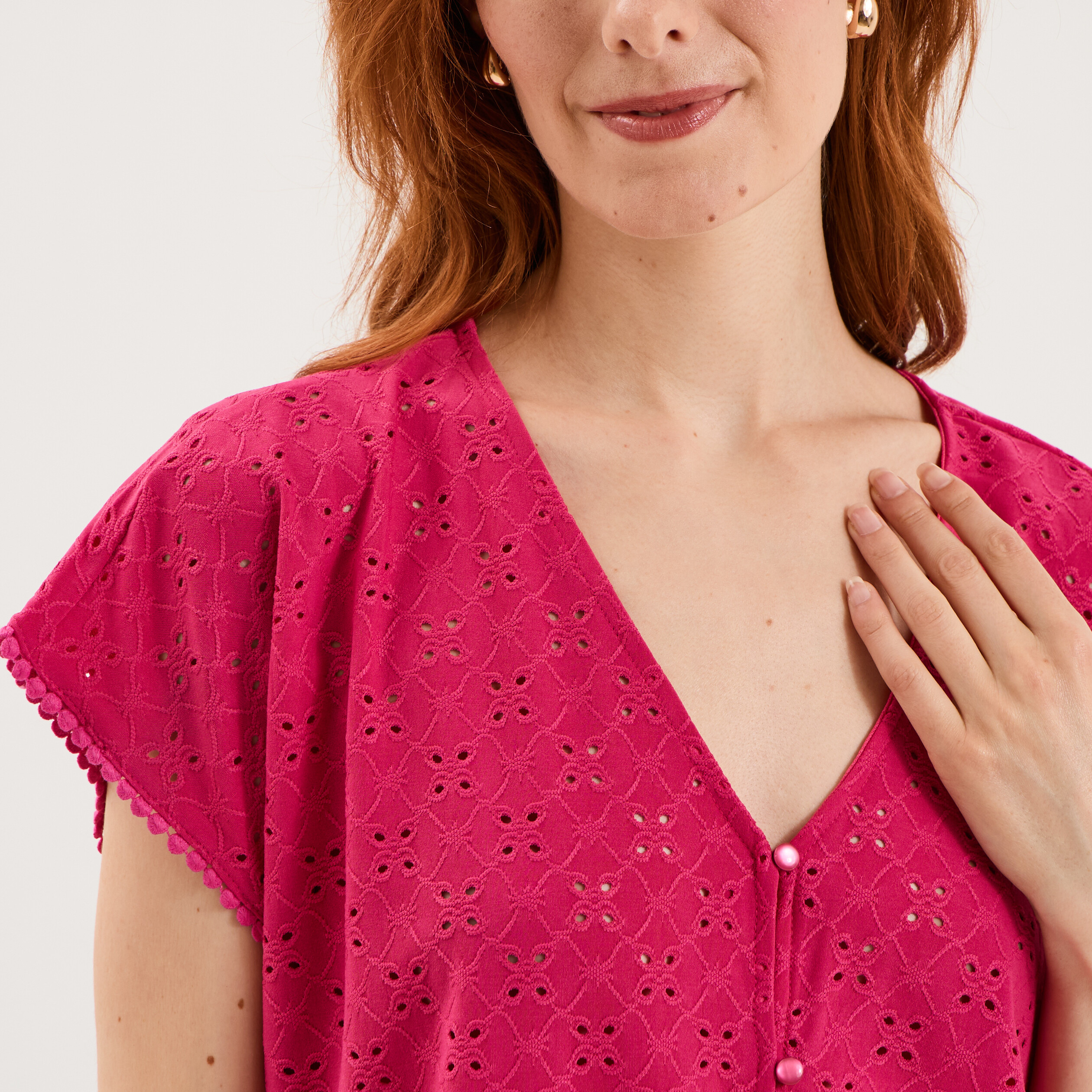 T-shirt dentelle avec boutons rose fushia femme