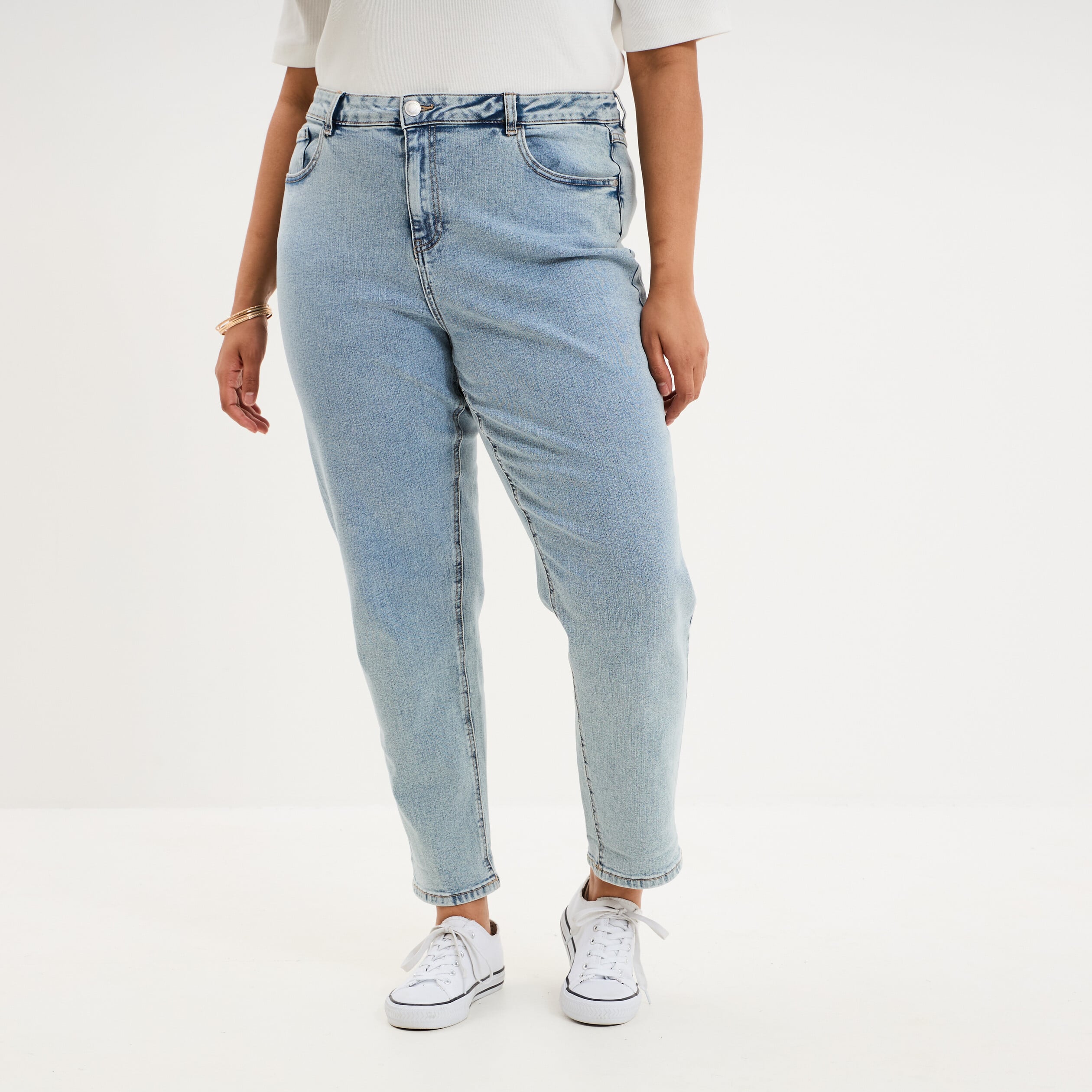 Jeans mom cropped taille haute denim double stone femme grande taille
