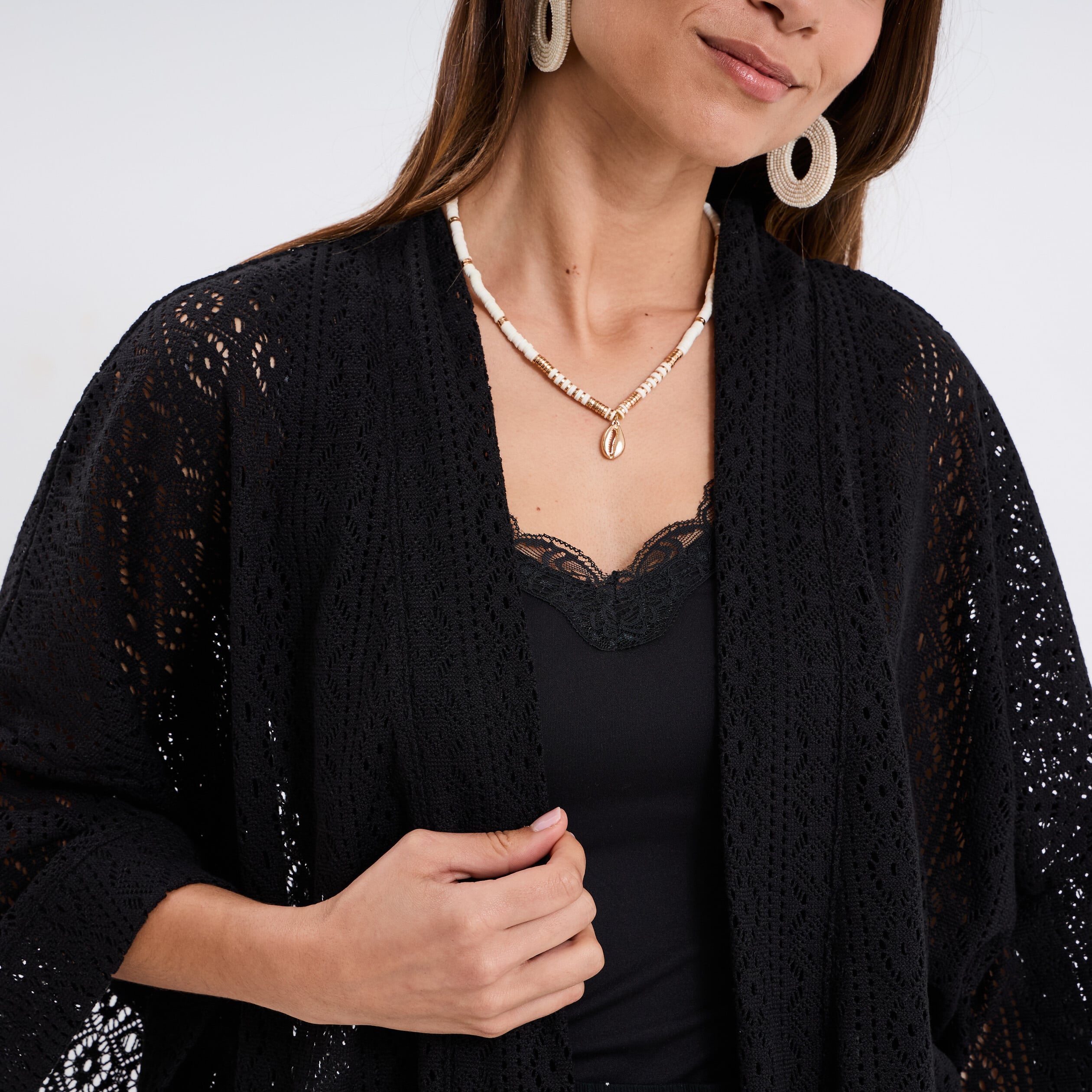 Veste ample esprit kimono dentelle noir femme
