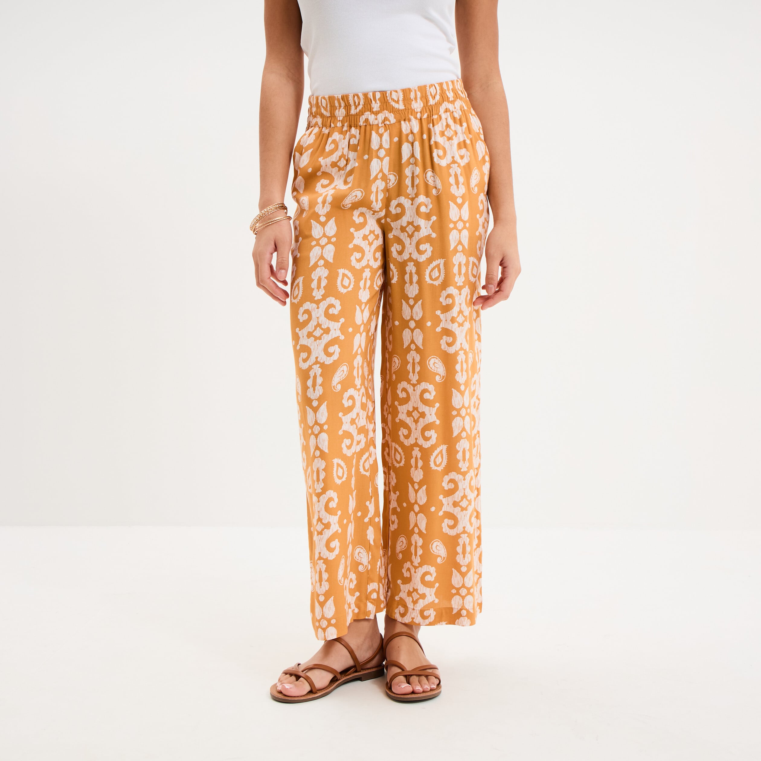 Pantalon fluide large taille &eacute;lastiqu&eacute;e jaune ocre femme