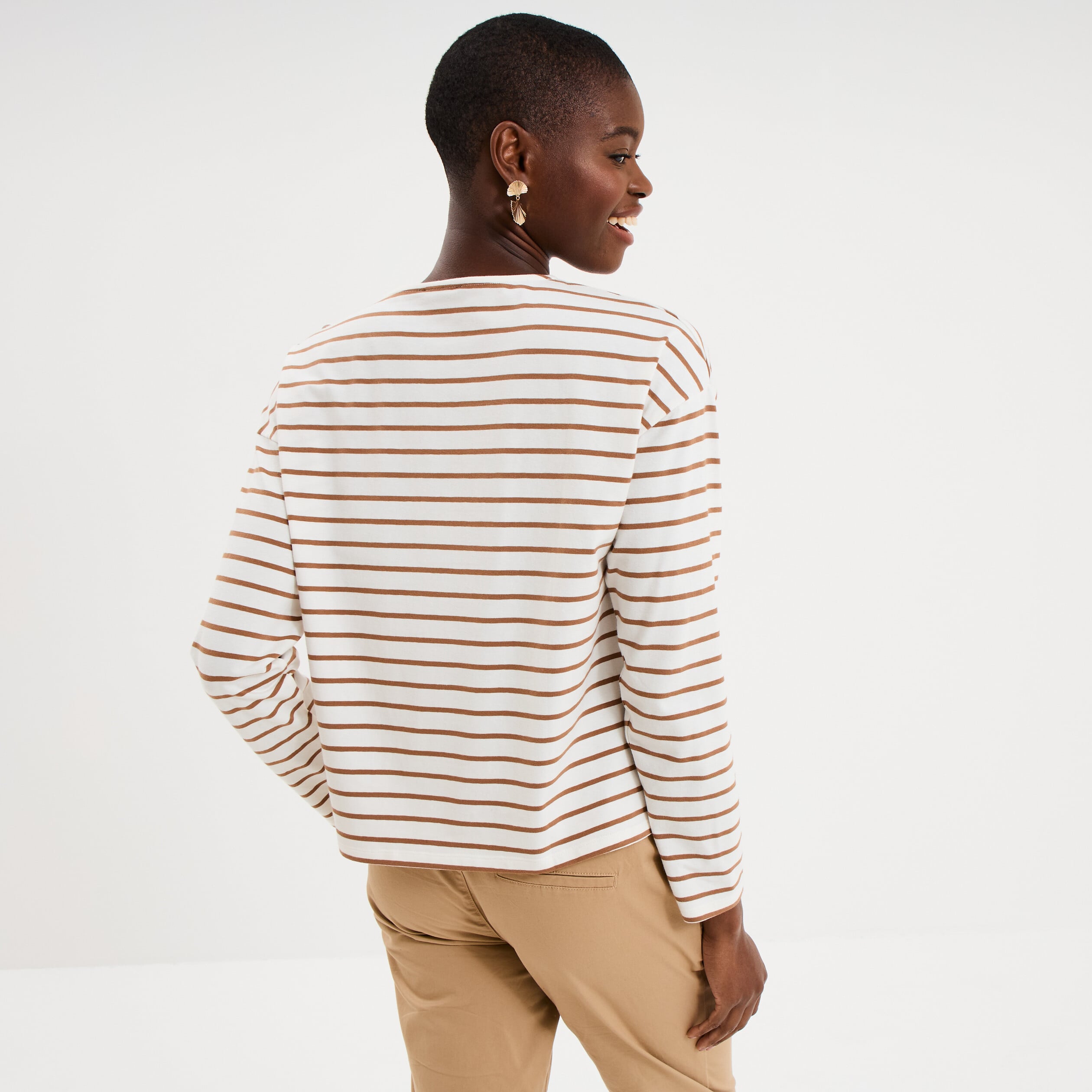 T-shirt marini&egrave;re col rond avec boutons ecru femme