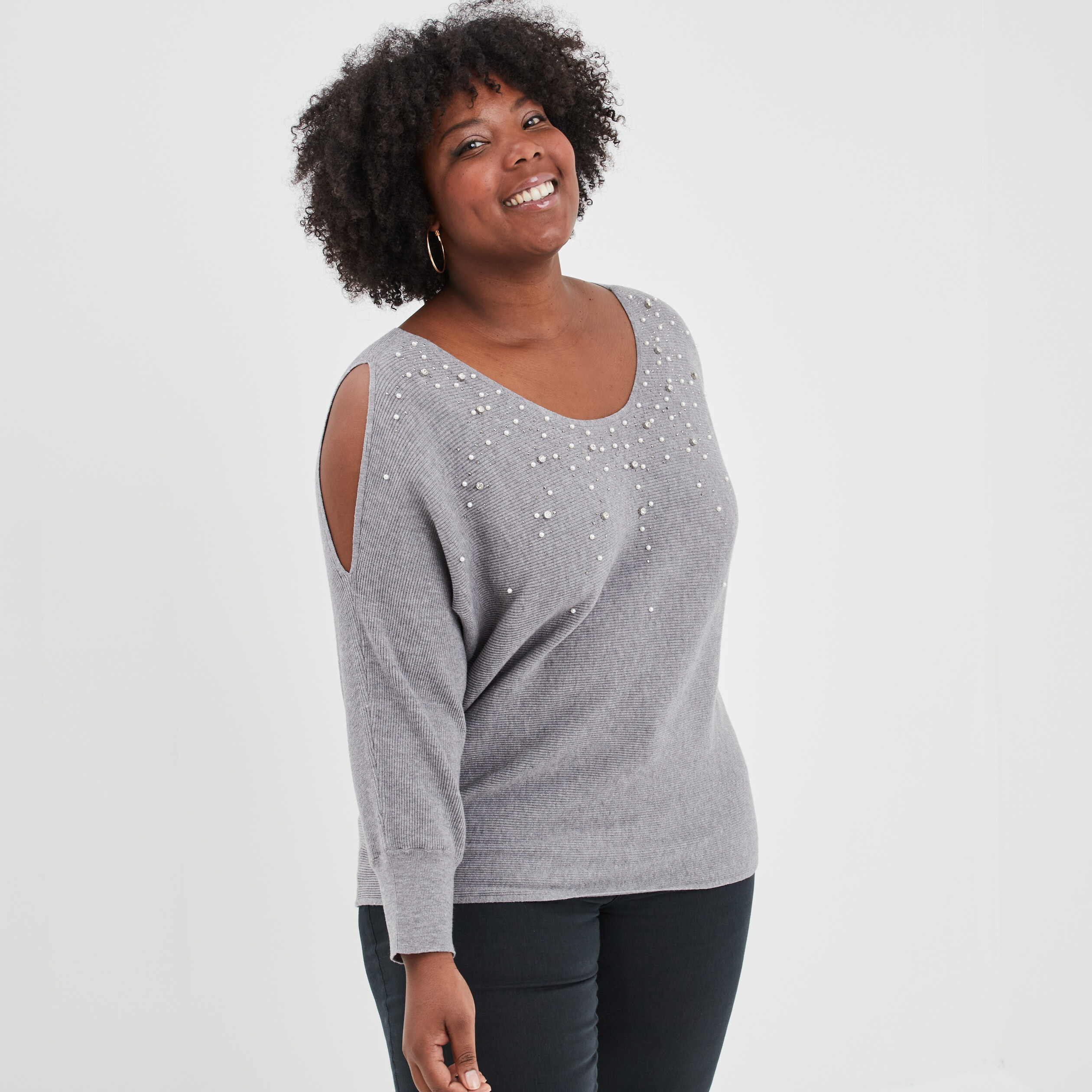 Pull perles strass manches avec fentes gris femme grande taille